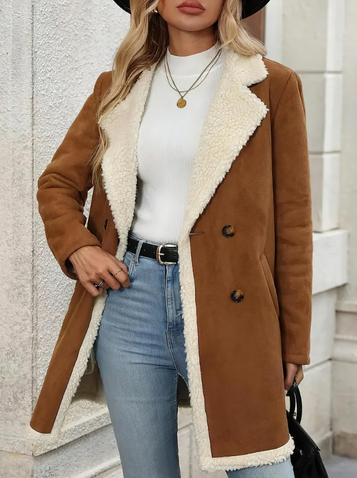 chouyatou Women's Winter Notch Lapel Double Breasted Peacoat Sherpa Fleece Lined Faux Suede Jacket Coat (X-Large,Brown)