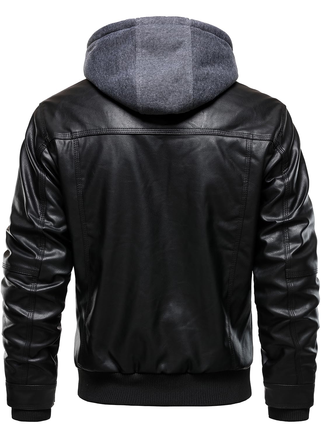 HOOD CREW Men Faux Leather Jacket with Detachable Hood Casual Motorcycle Bomber Jackets Outerwear Black L