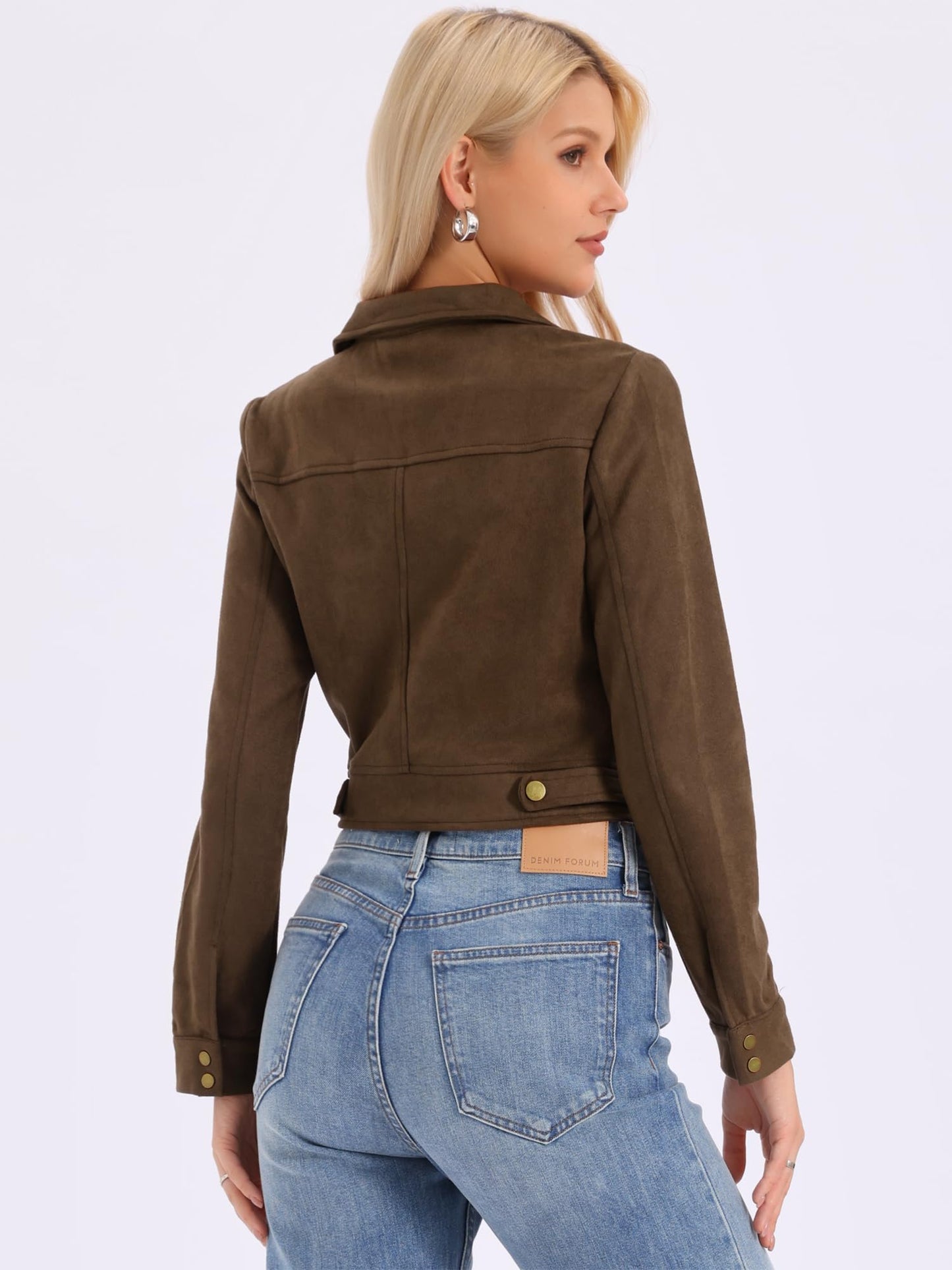 Allegra K Women's Faux Suede Jacket Button Down Collar Crop Outerwear