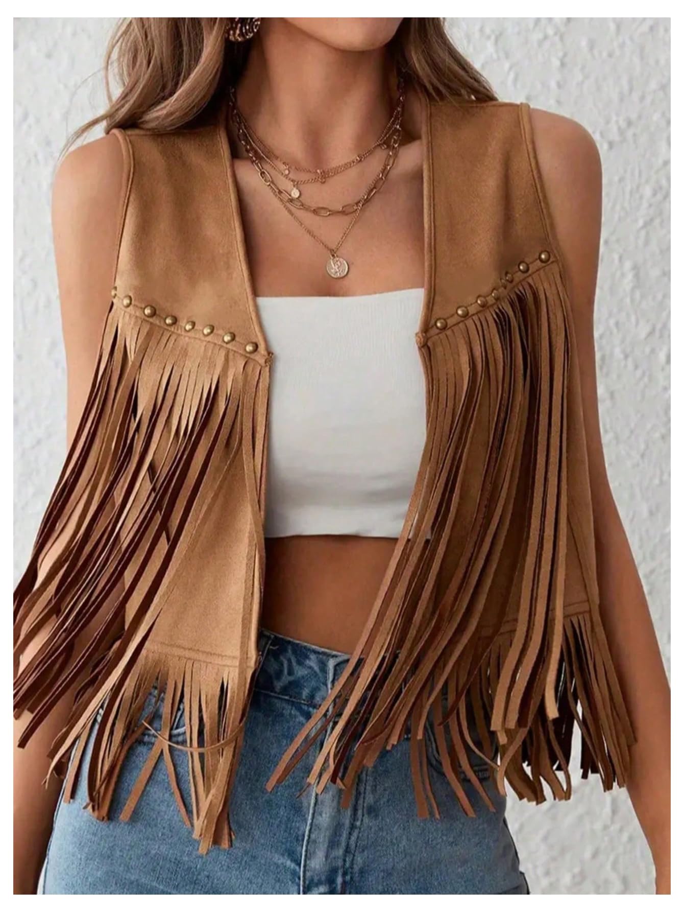 GORGLITTER Women's Western Fringe Vest Jackets Sleeveless Cowgirl 70s Hippie Faux Suede Cropped Jacket Rodeo Outfits Khaki Medium