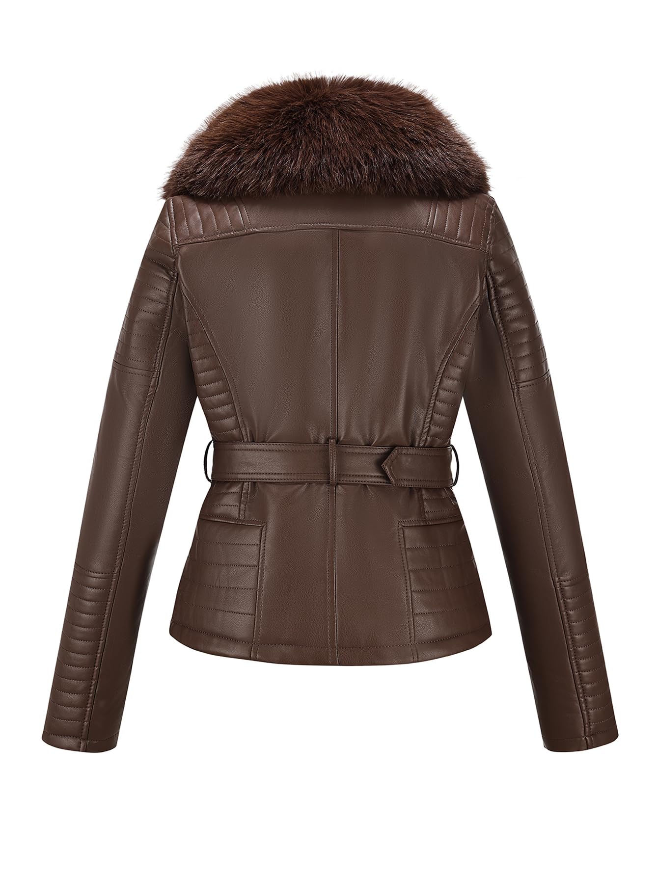 Bellivera Women's Faux Leather Jacket Moto Sherpa-Lined Coat Brown L