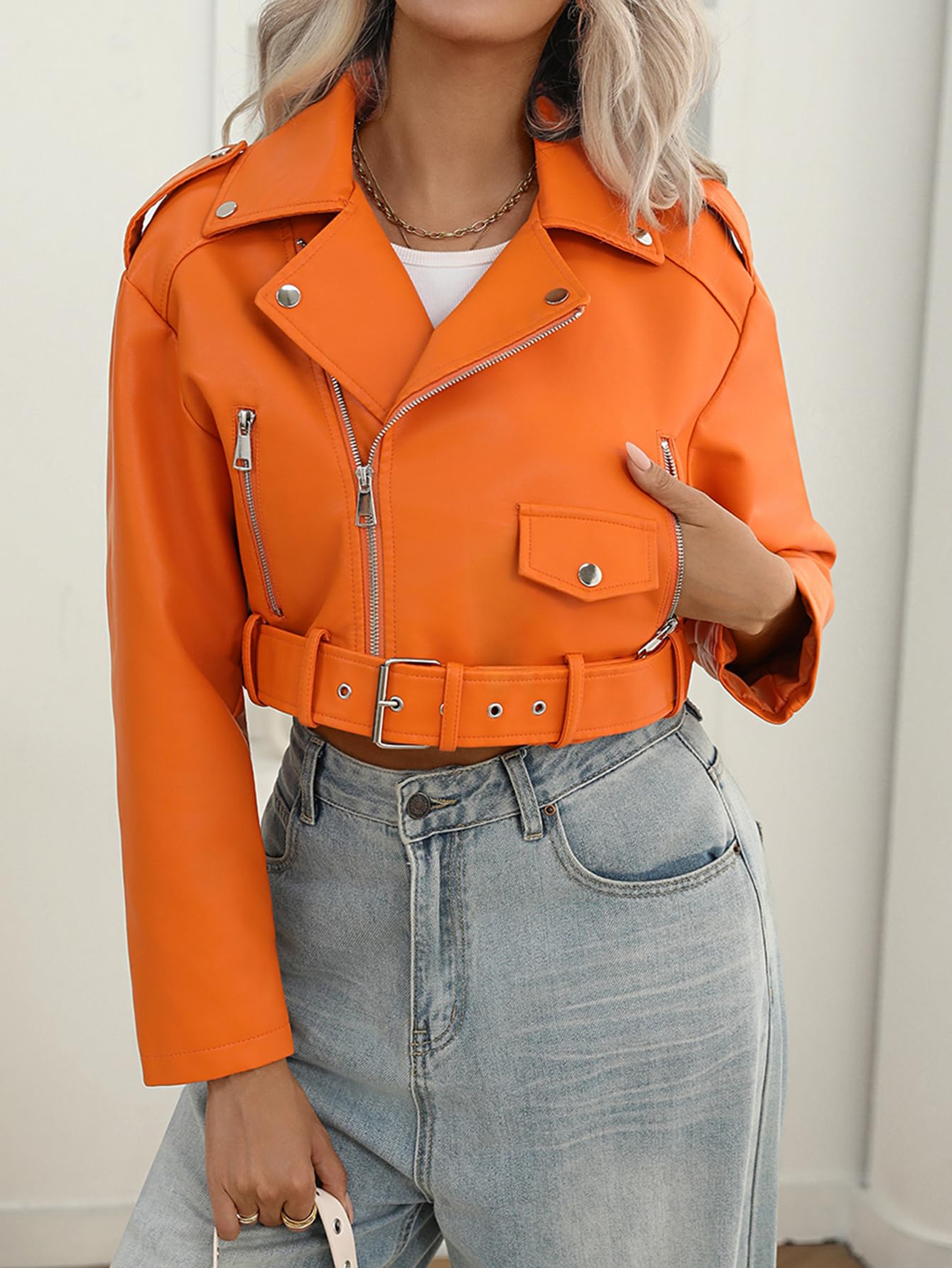 LY VAREY LIN Women Faux Leather Cropped Jacket Bomber Aviator Motor Biker Coat with Belt