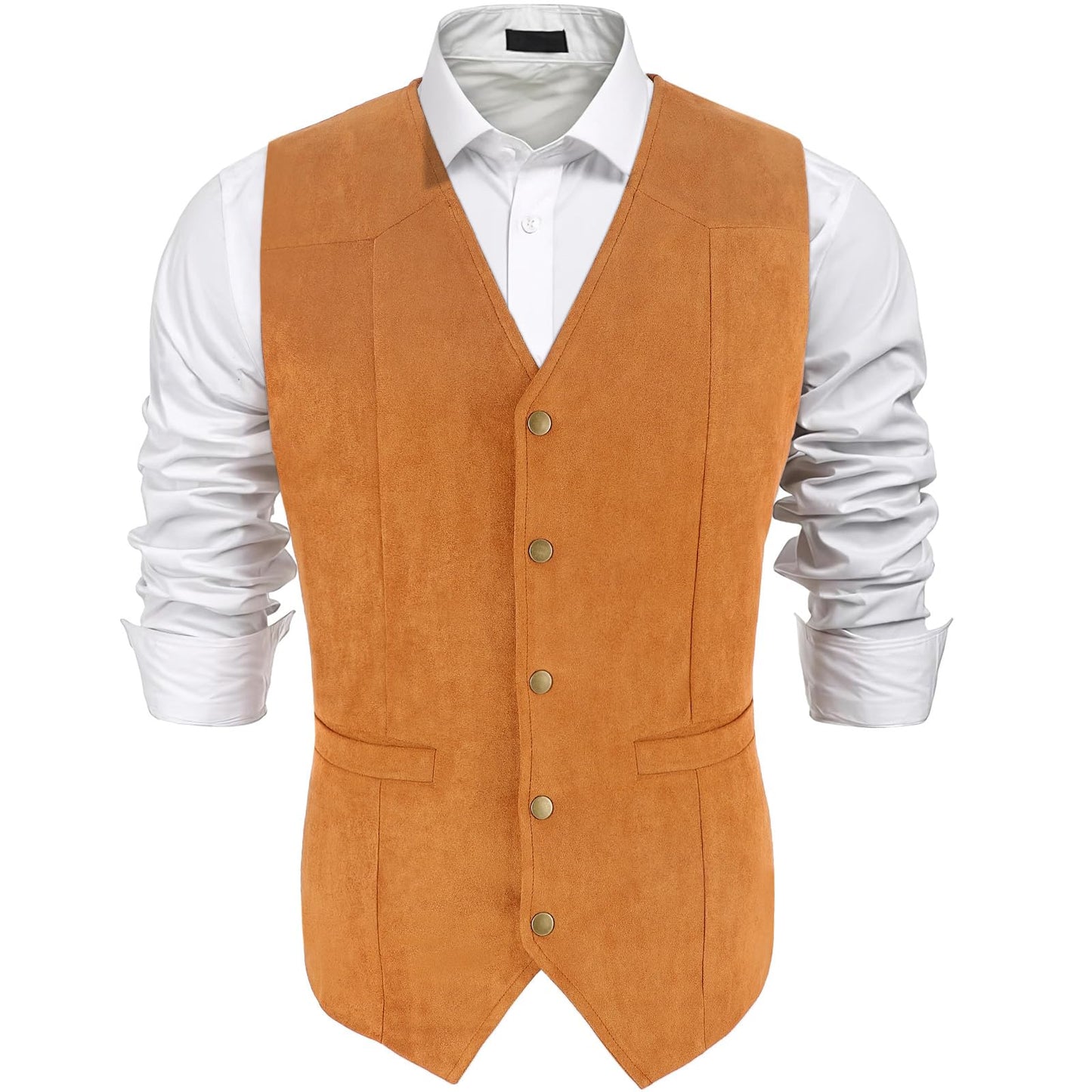 UpFind Men's Suede Leather Suit Vest V Neck Artificial Retro 5 Button Regular Vest Cowboy Style Sleeveless Jacket