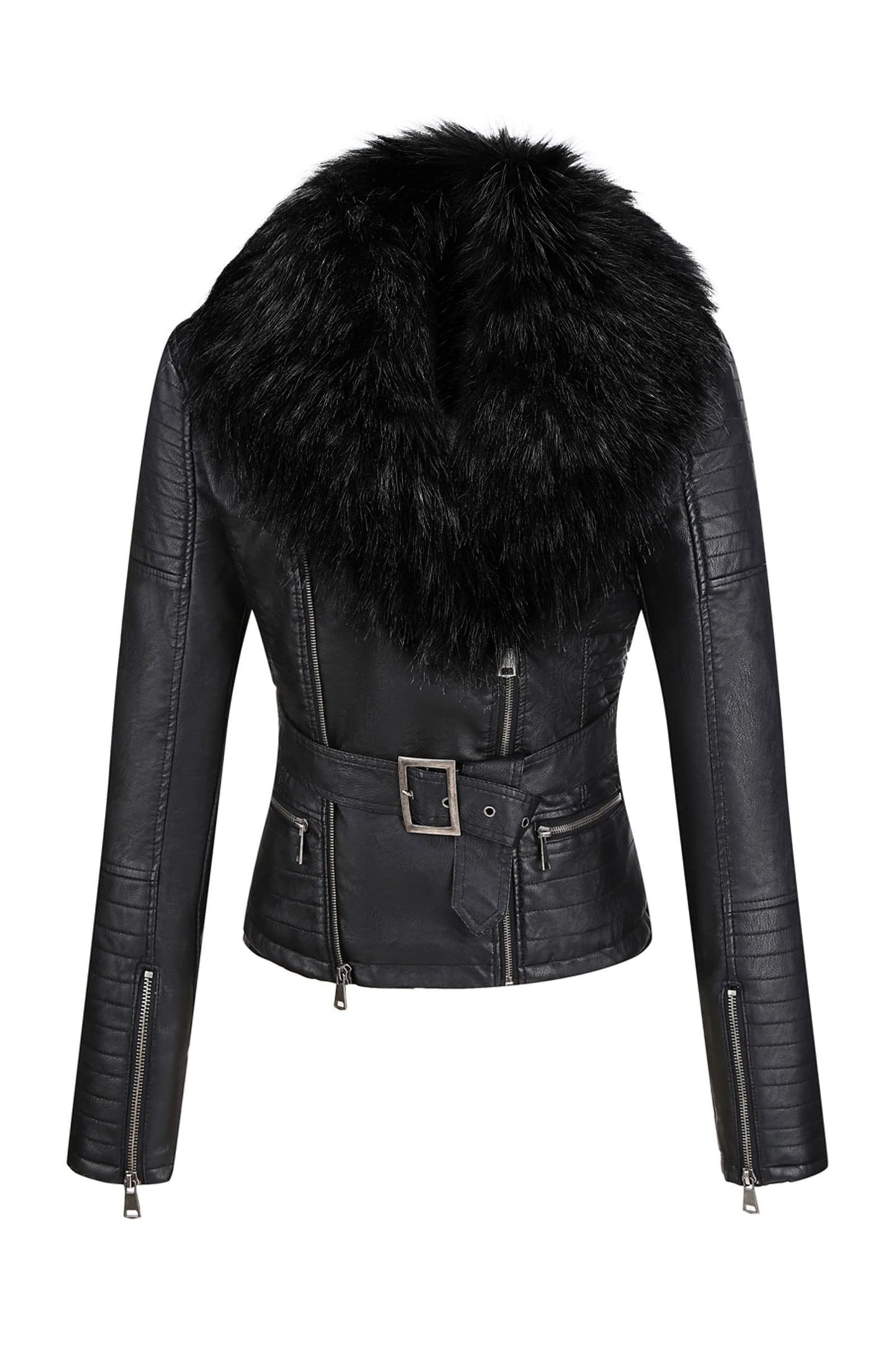 Bellivera Women's Faux Leather Short Jacket Moto Sherpa-Lined Belt Coat with Removable Fur Collar 9203 Black XL