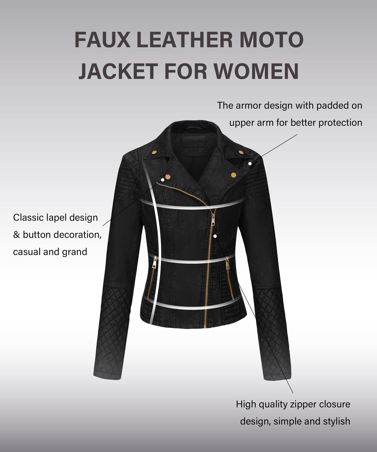 Bellivera Women's Faux Leather Casual Moto Lightweight Jacket Black 3L