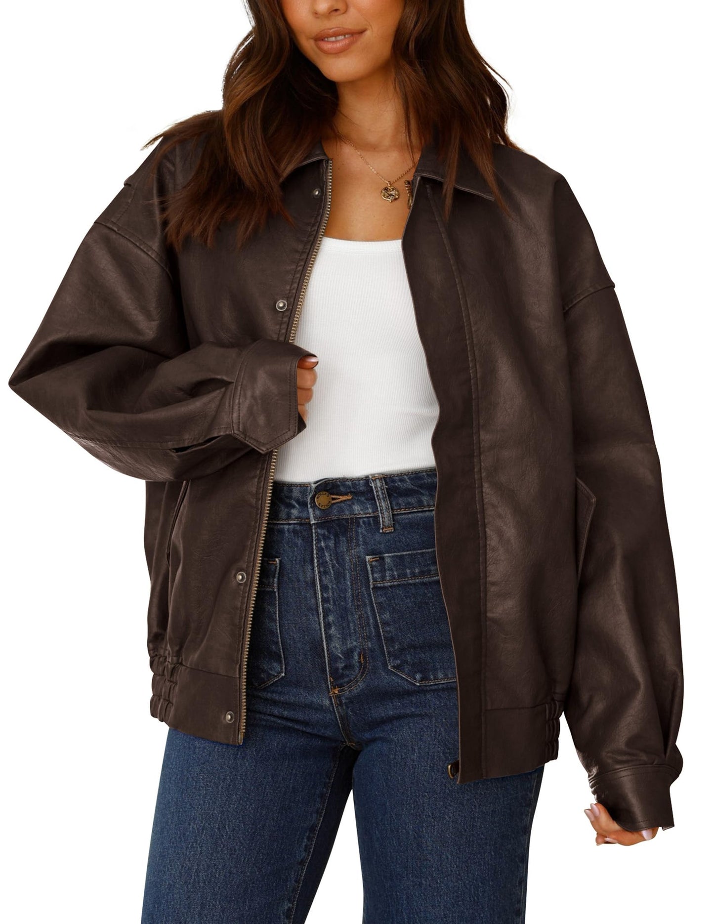 PRETTYGARDEN Women's Faux Leather Motorcycle Jacket Trendy Fall Spring Clothes Oversized Zip Up Winter Coat Outerwear (Dark Coffee,Large)