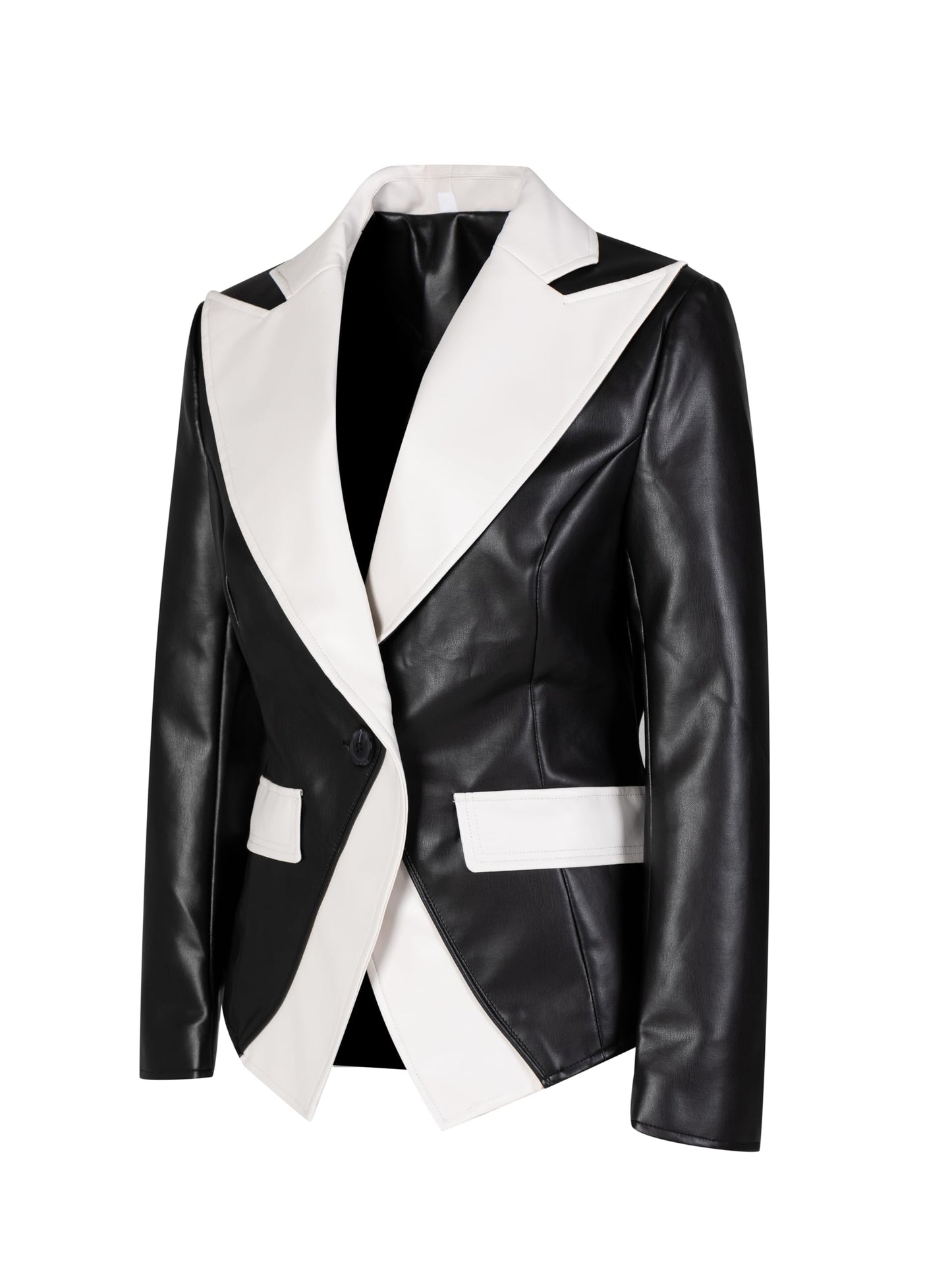 SS-Sunrise Fashion Women's PU Faux Leather Blazer Jacket, Black and White Color Block, Single Button, Notched Lapel, Medium