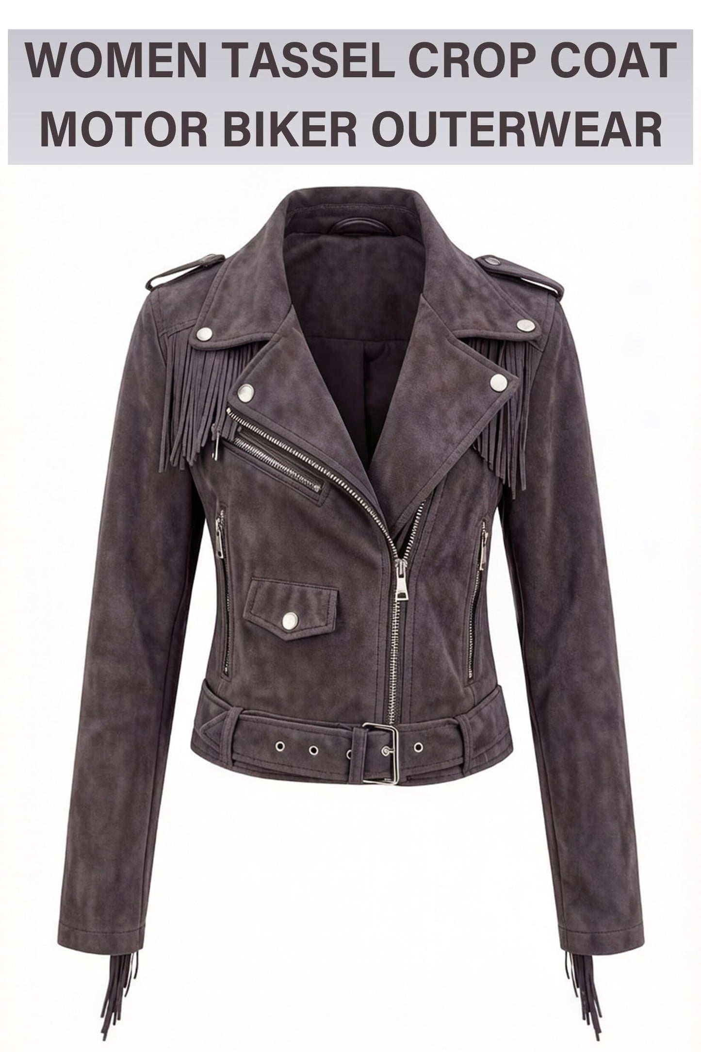 XULIKU Women Faux Leather Suede Jacket, Fall Spring Lapel Short Vegan Zipper Up Fringe Tassel Trim PLeather Suede Coat with Belt,Coffee,XL