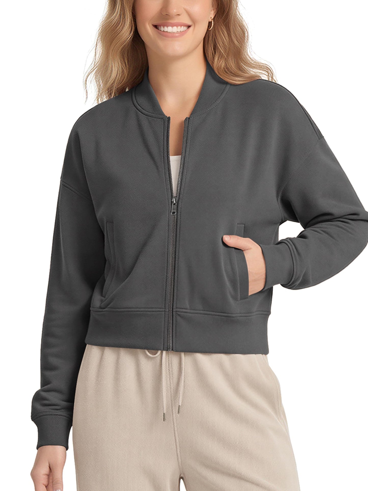 ODODOS Modal Soft Full-Zip Bomber Jacket for Women Long Sleeve Casual Fall Outfit Crop Top with Pockets, Charcoal, Large