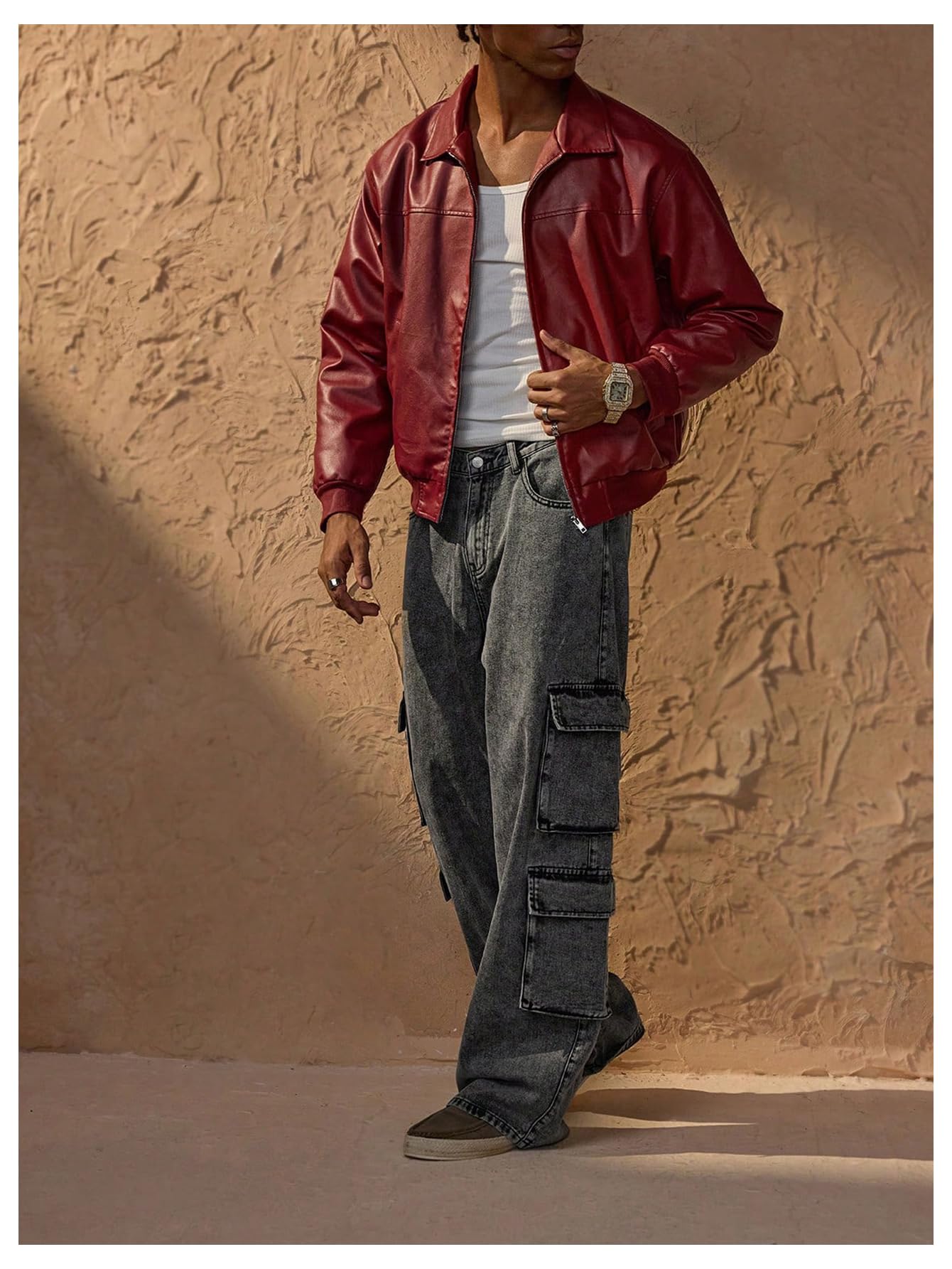 BEAUDRM Men's Vintange PU Leather Jackets Retro Zip Up Collared Motorcycle Outwear Streetwear Fight Club Leather Jacket Red Small