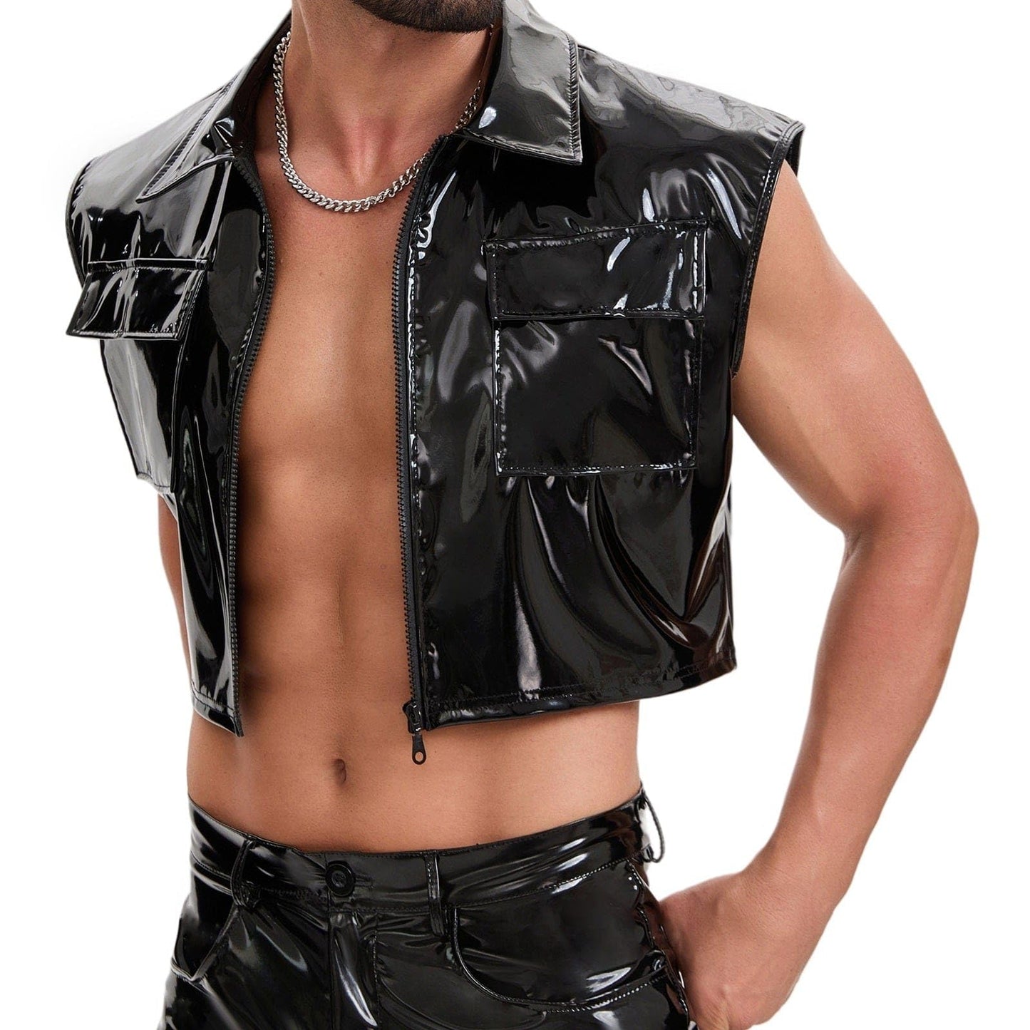 xokesy Mens Glossy Leather Cropped Tops, Sexy Zipper Lapel Shirt Sleeveless, Pocket Half Motorcycle Jacket Clubwear Black