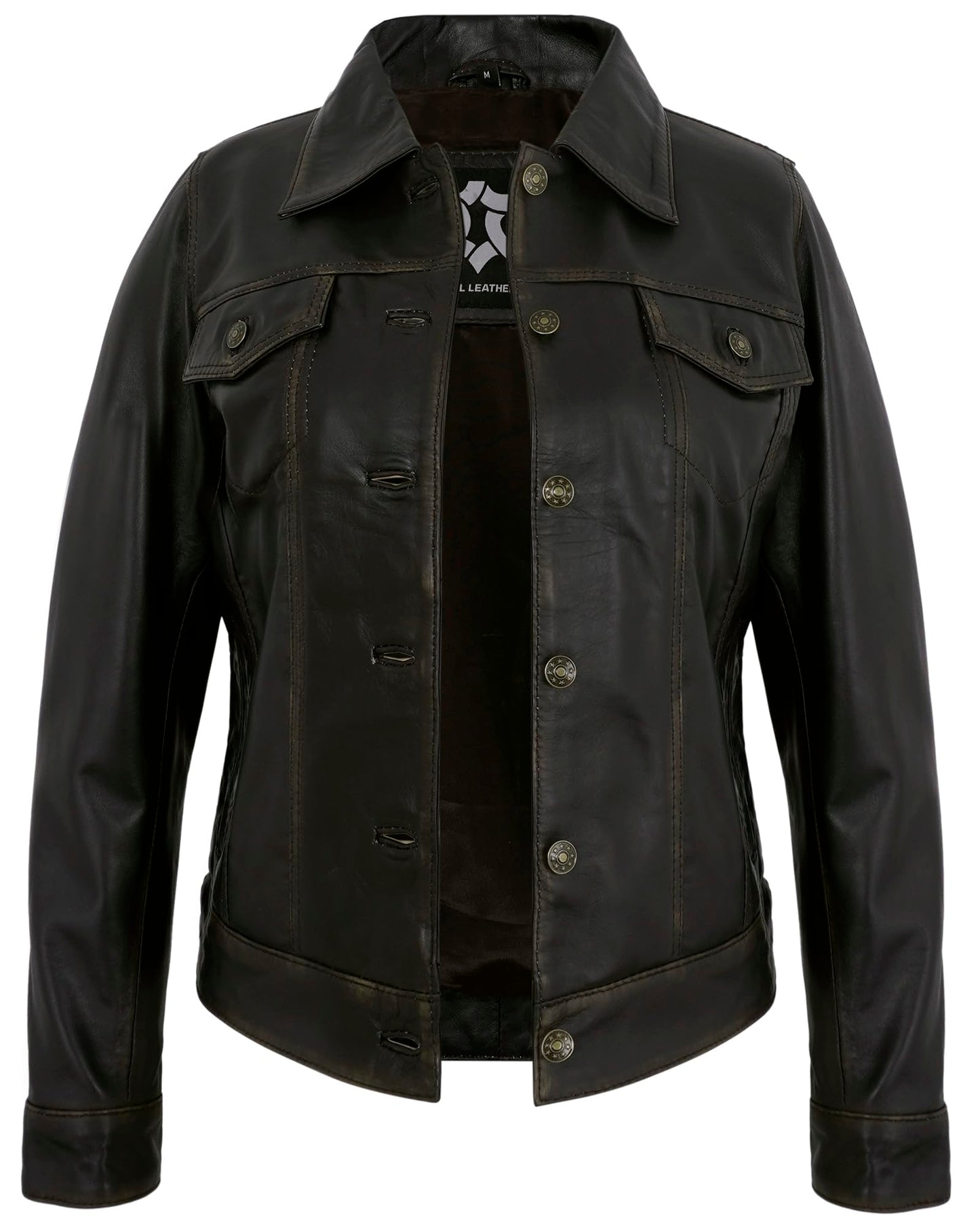 UrbanFocal Biker Style Womens Leather Jacket - Real Lamskin Brown Leather Motorcycle Jacket Women | [101013206] F.Trucker Ruboff, 2XL