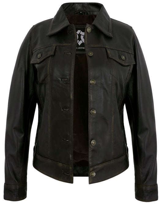 UrbanFocal Biker Style Womens Leather Jacket - Real Lamskin Brown Leather Motorcycle Jacket Women | [101013206] F.Trucker Ruboff, 2XL