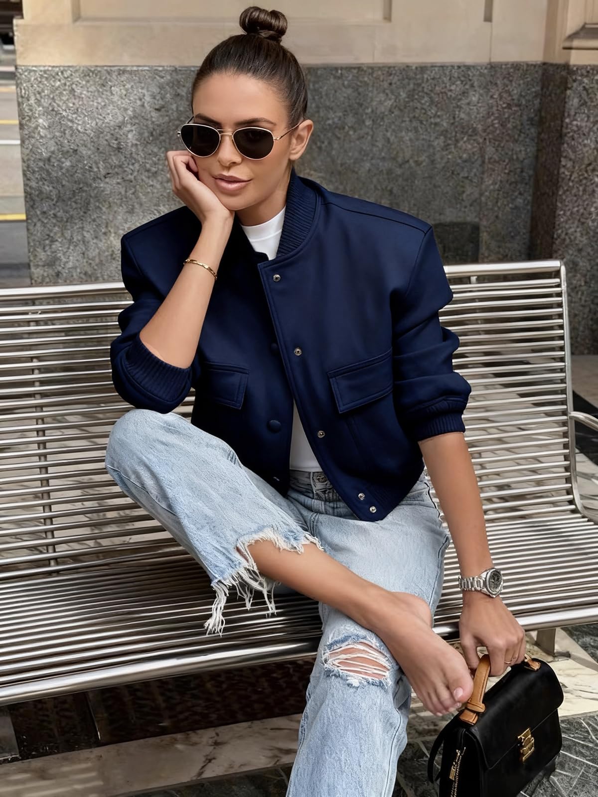 imbpceu Women Crop Bomber Jacket Button Down Varsity Jacket Navy Blue S