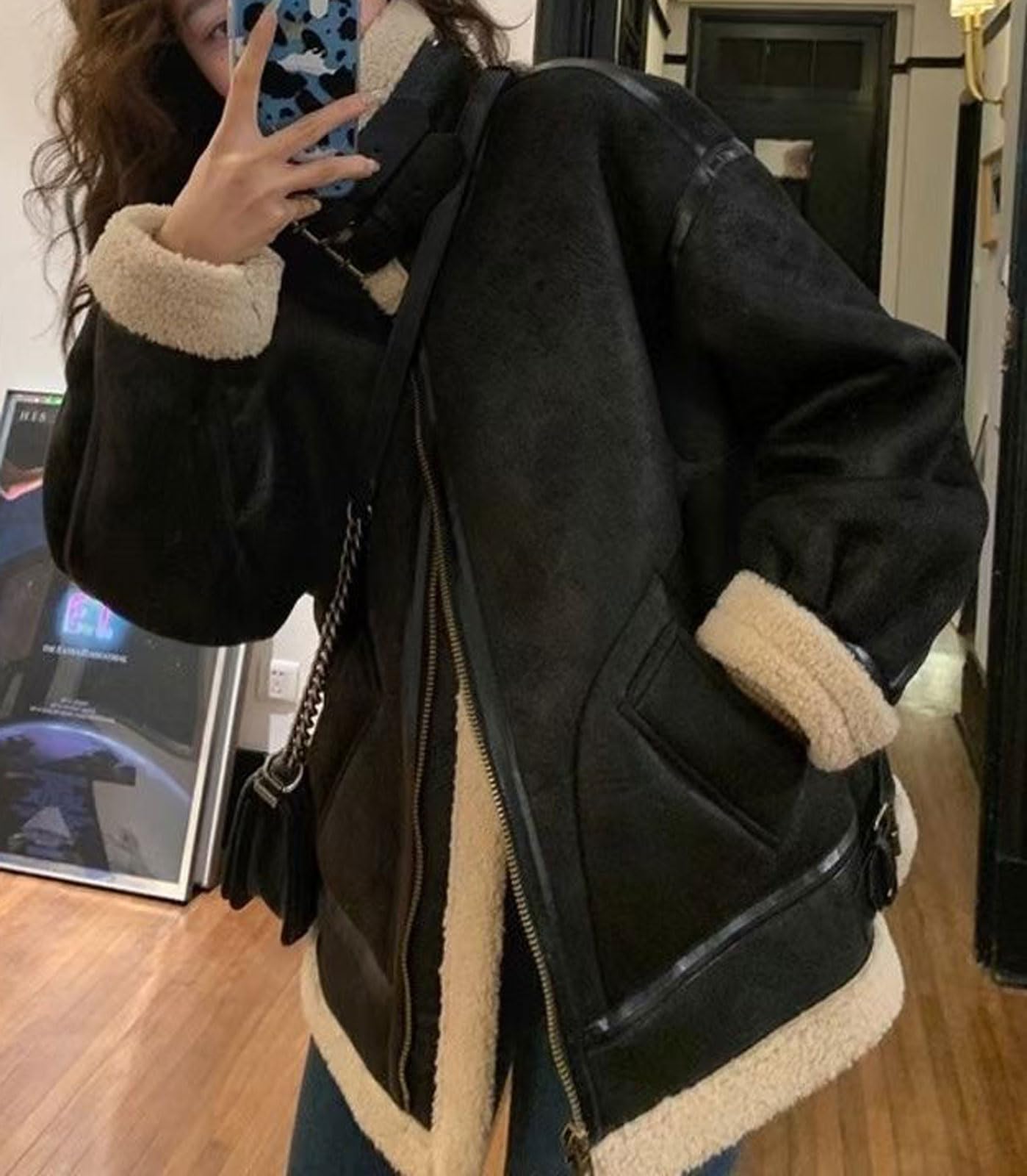 loveimgs Women Oversized Faux Suede Moto Jacket Sherpa Fleece Lined Leather Jacket Aviator Shearling Fur Coat Overcoat (X-Large, Tan black)