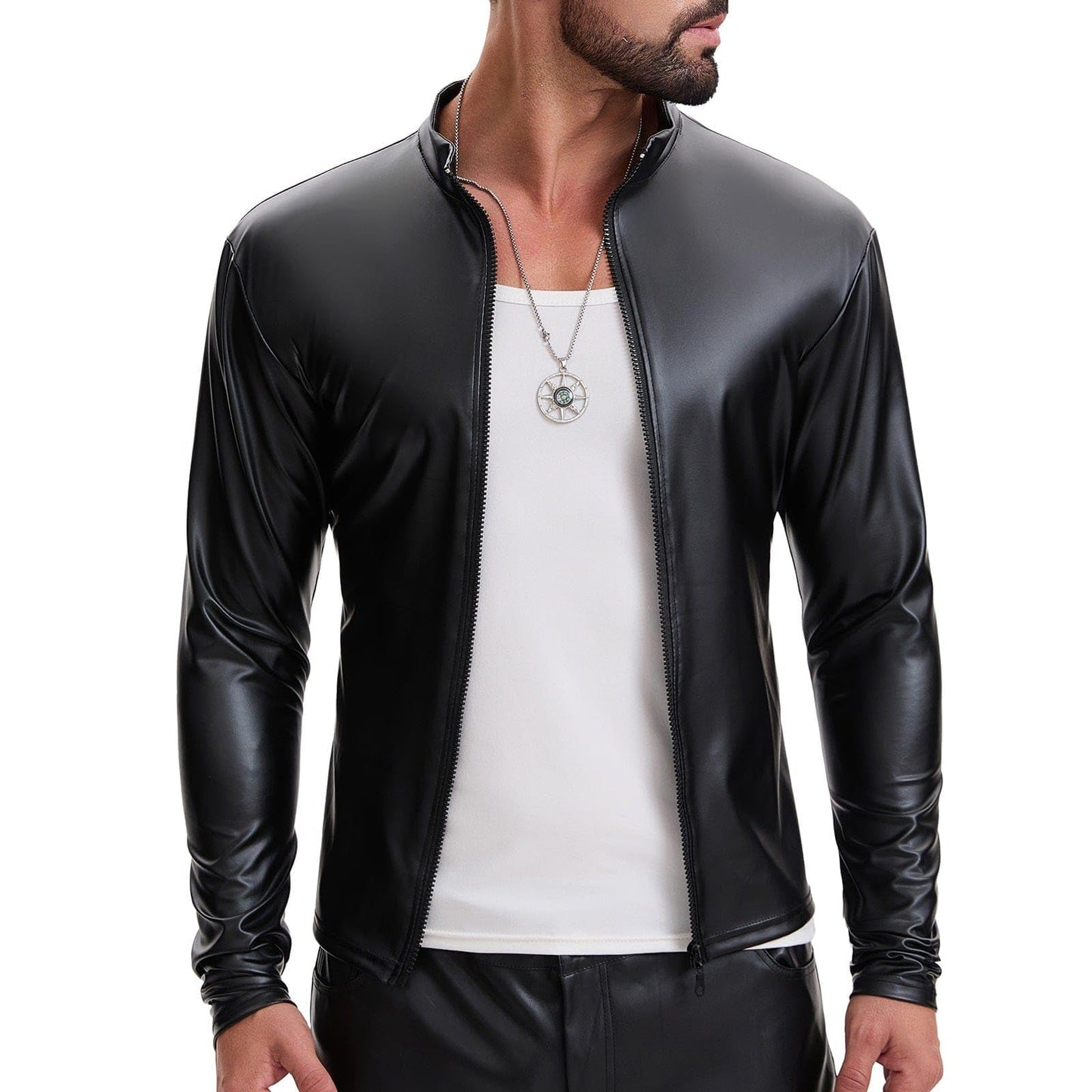 Mens Shiny Soft Leather Stand Collar Jacket Sexy Full Zipper Long Sleeve Shirts Solid Slim Fitted Stretch Tops Black