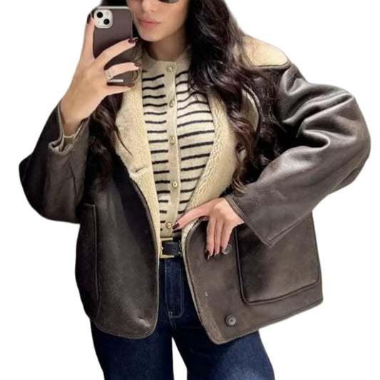 Perbai Women's Lapel Fleece Lined Single Breasted Faux Suede Jacket Oversized Leather Trucker Coat(Brown-S)