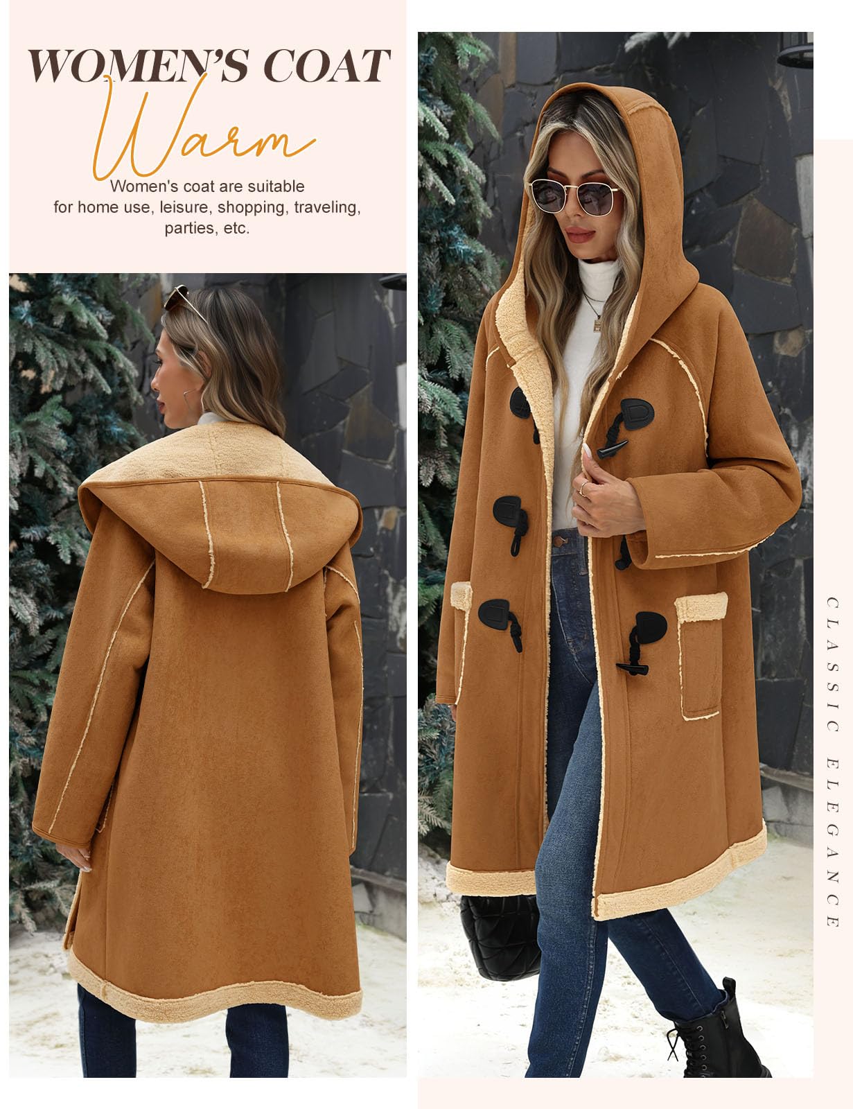 UMIPUBO Women Suede Sherpa Fleece Lined Duffle Faux Leather Coat Mid Length Hooded Toggle Jacket with Pockets, Winter Trendy Warm Outerwear(Dark Khaki,M)