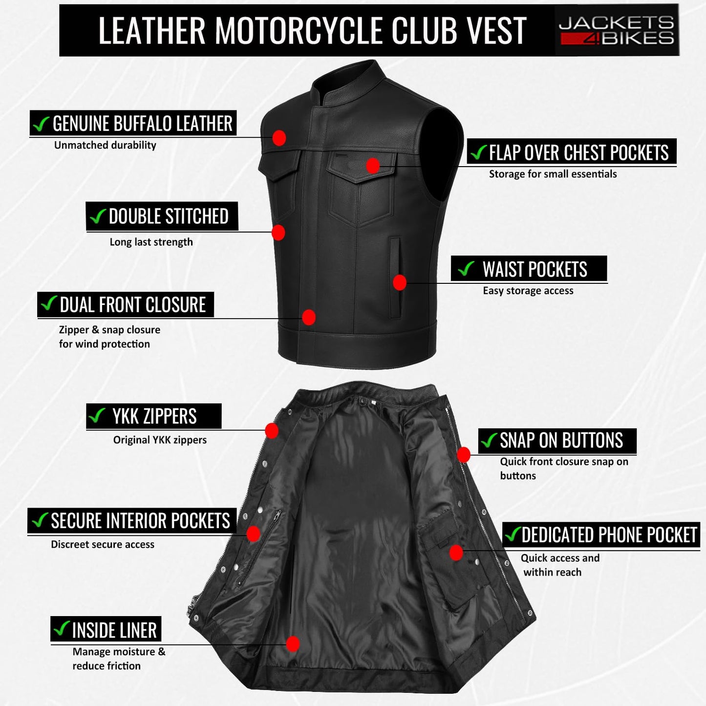 Jackets 4 Bikes Men’s SOA Motorcycle Vest – Premium Buffalo Leather Multiple Pockets Club Style Biker Vest with Metal Zippers Black XL