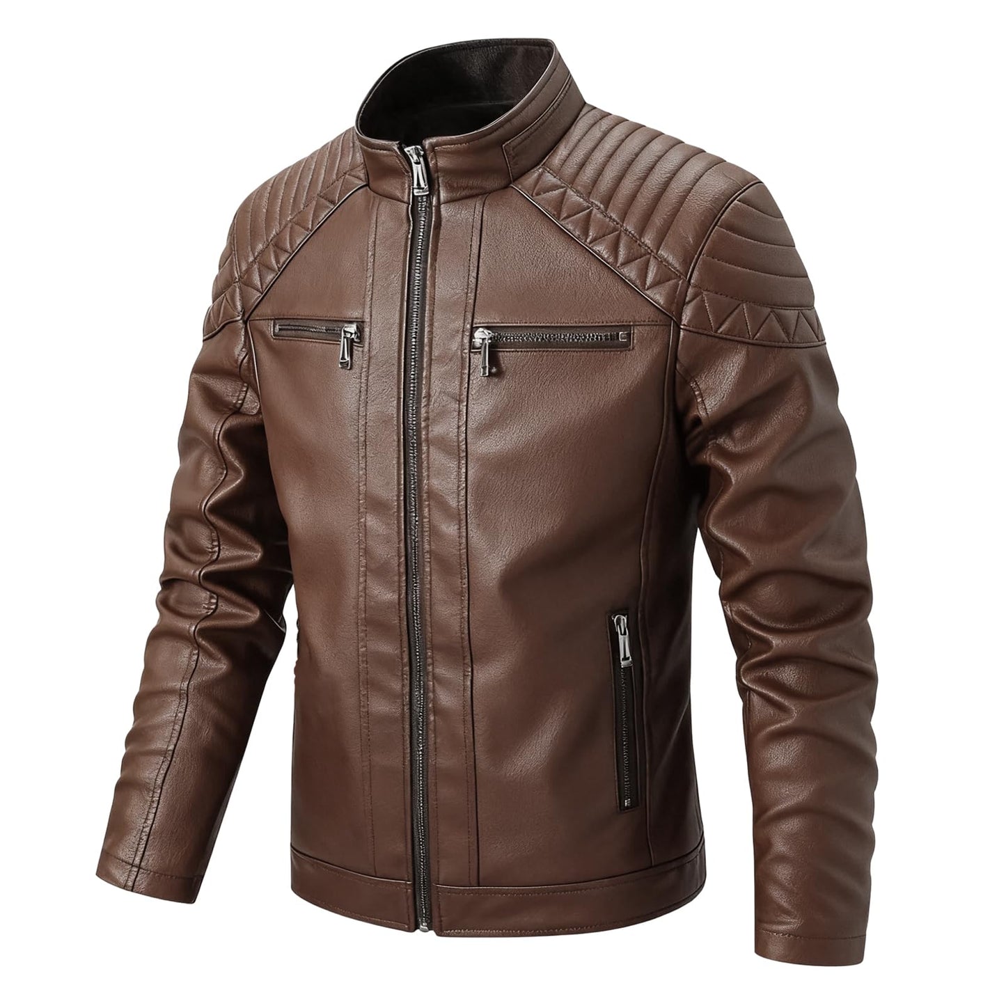 LEDUNTINO Men's Stand Collar Winter PU Faux Leather Jacket Fleece Lined Zip-Up Motorcycle Bomber Jacket Slim Fit Biker Coat Coffee Large