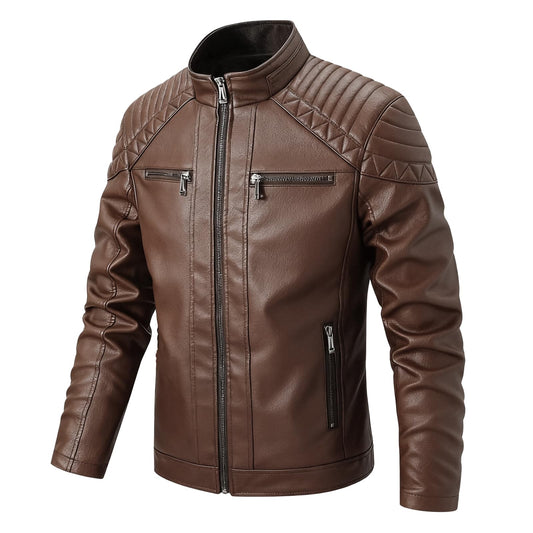 LEDUNTINO Men's Stand Collar Winter PU Faux Leather Jacket Fleece Lined Zip-Up Motorcycle Bomber Jacket Slim Fit Biker Coat Coffee Large