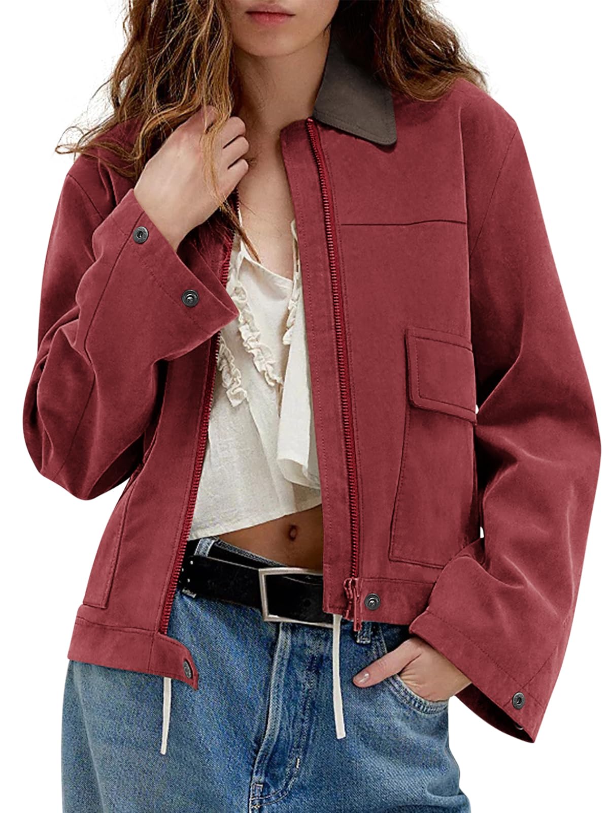 COCCKO Jackets for Women 2026 Full Zip Up Contrast Collar Crop Jacket Casual Trendy Bomber Coat Red L