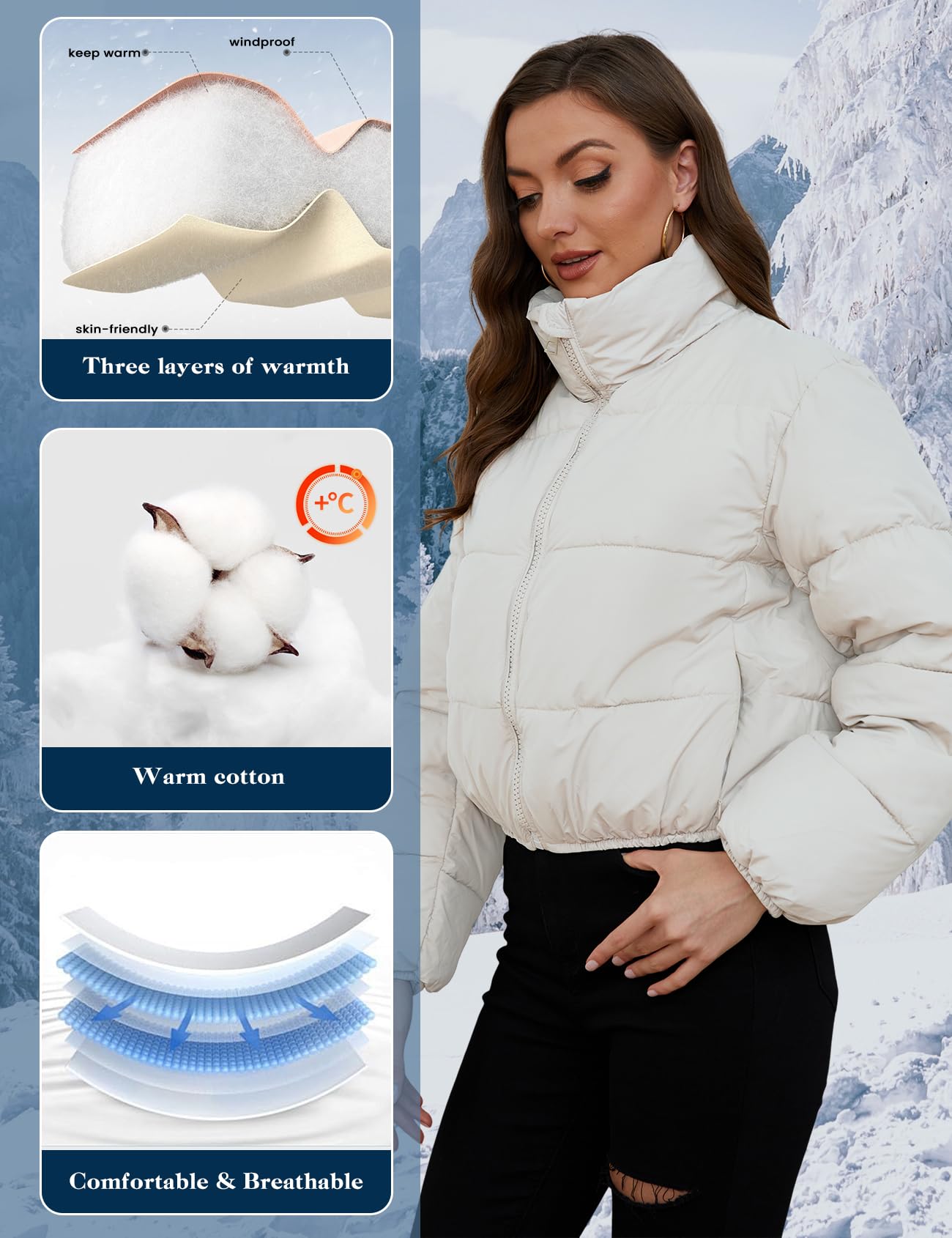 Yimoon Women's Cropped Puffer Jacket Quilted Lightweight Stand Collar Full Zip Short Down Jacket (White-M)