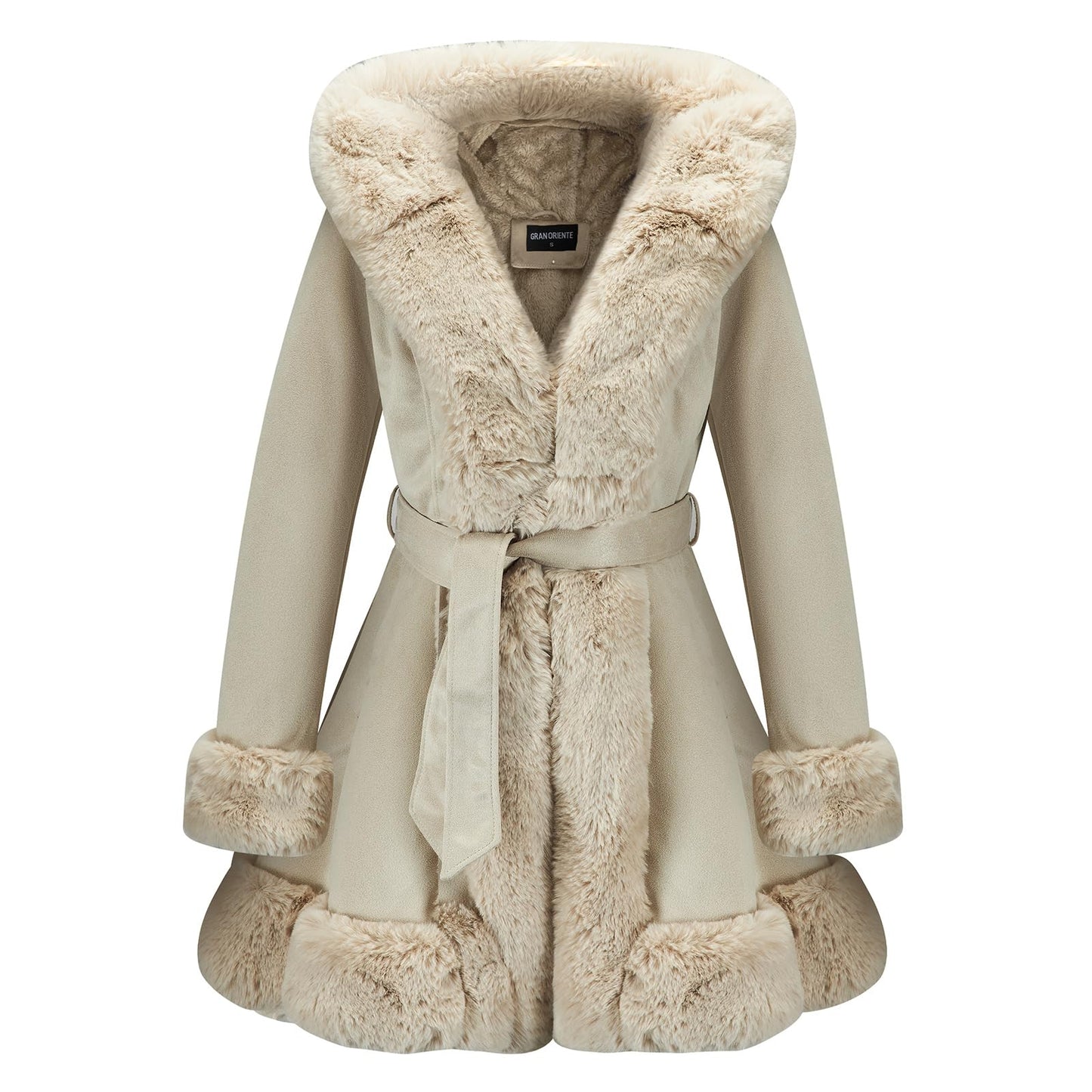 GRAN ORIENTE Beige Suede Jacket for Women with Faux Fur Collar,Long Sleeve Warm Winter Parka Coat with Belt Outerwear(056 Beige M)