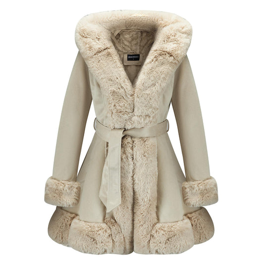 GRAN ORIENTE Beige Suede Jacket for Women with Faux Fur Collar,Long Sleeve Warm Winter Parka Coat with Belt Outerwear(056 Beige M)