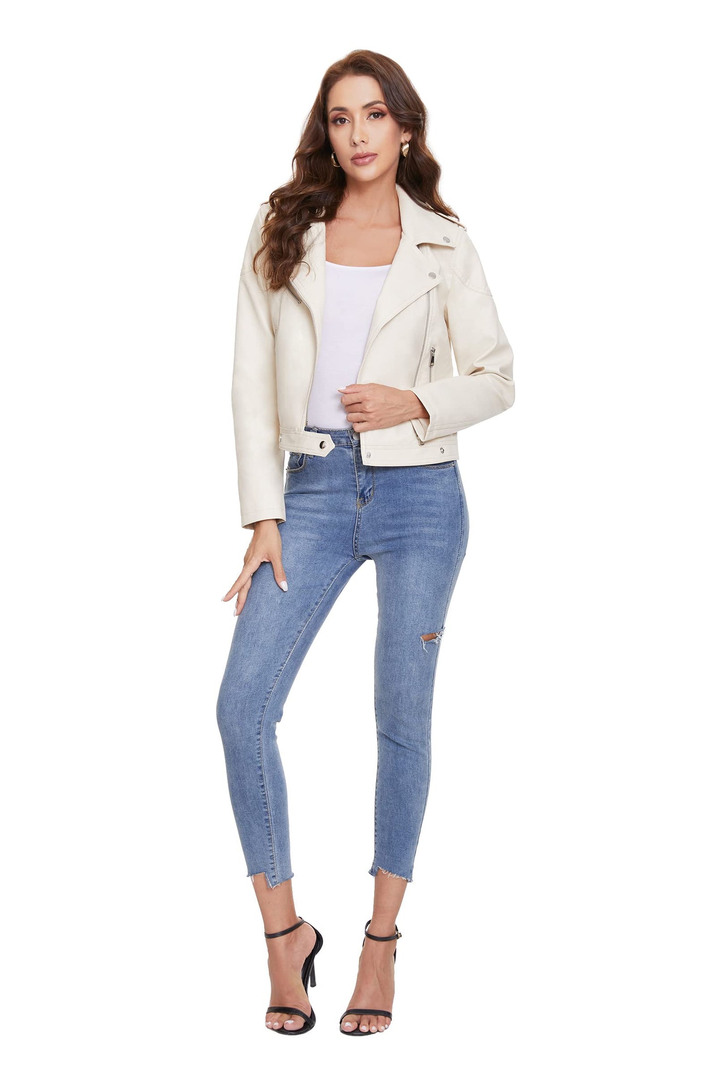 Fahsyee Women's Faux Leather Jackets, Zip Up Motorcycle Short PU Moto Biker Outwear Fitted Slim Coat White Size M