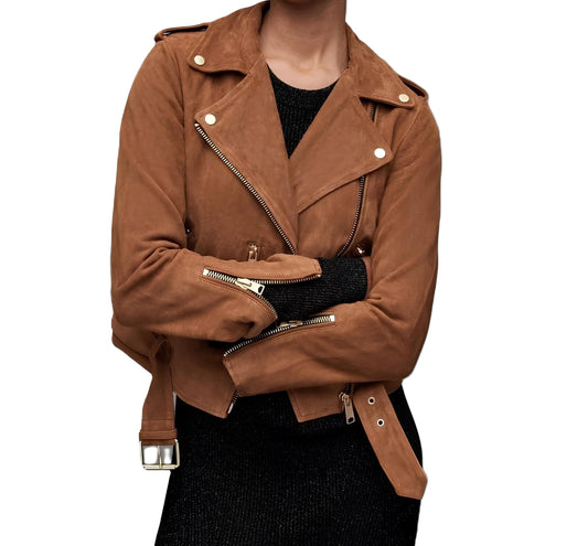 Women's Suede Leather Jacket Genuine Leather Western Fashion Jackets Brown Vintage Retro Style #03 (US, Alpha, Small, Regular, Regular, Brown)