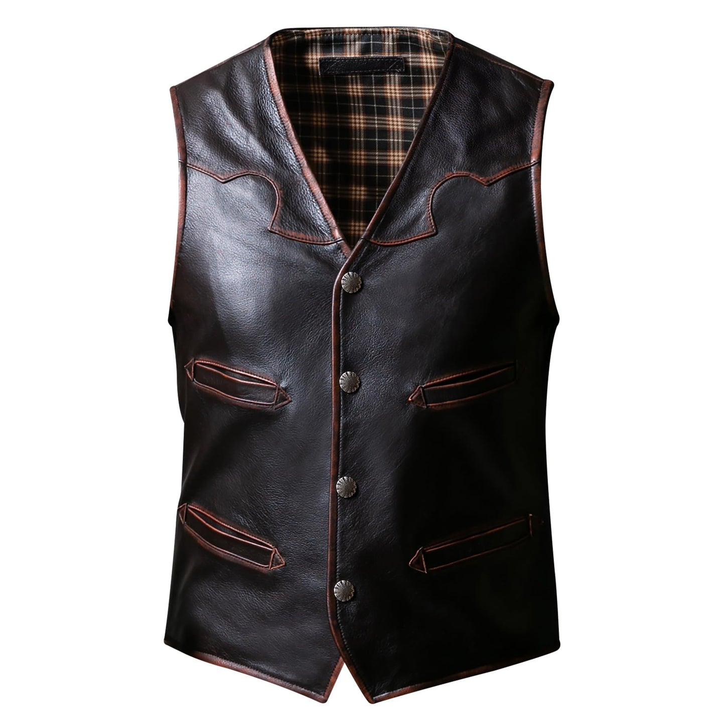 WPKDS Mens Vintage Distressed Premium Cowhide Vest Multi Pocket Leather Motorcycle Jacket for Four Seasons（Brown, Large）