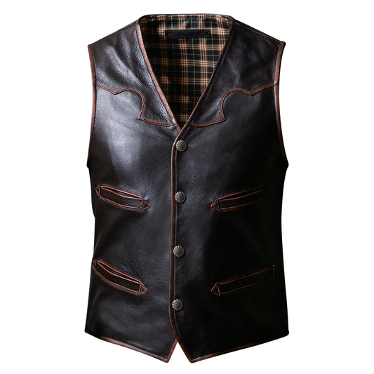 WPKDS Mens Vintage Distressed Premium Cowhide Vest Multi Pocket Leather Motorcycle Jacket for Four Seasons（Brown, Large）