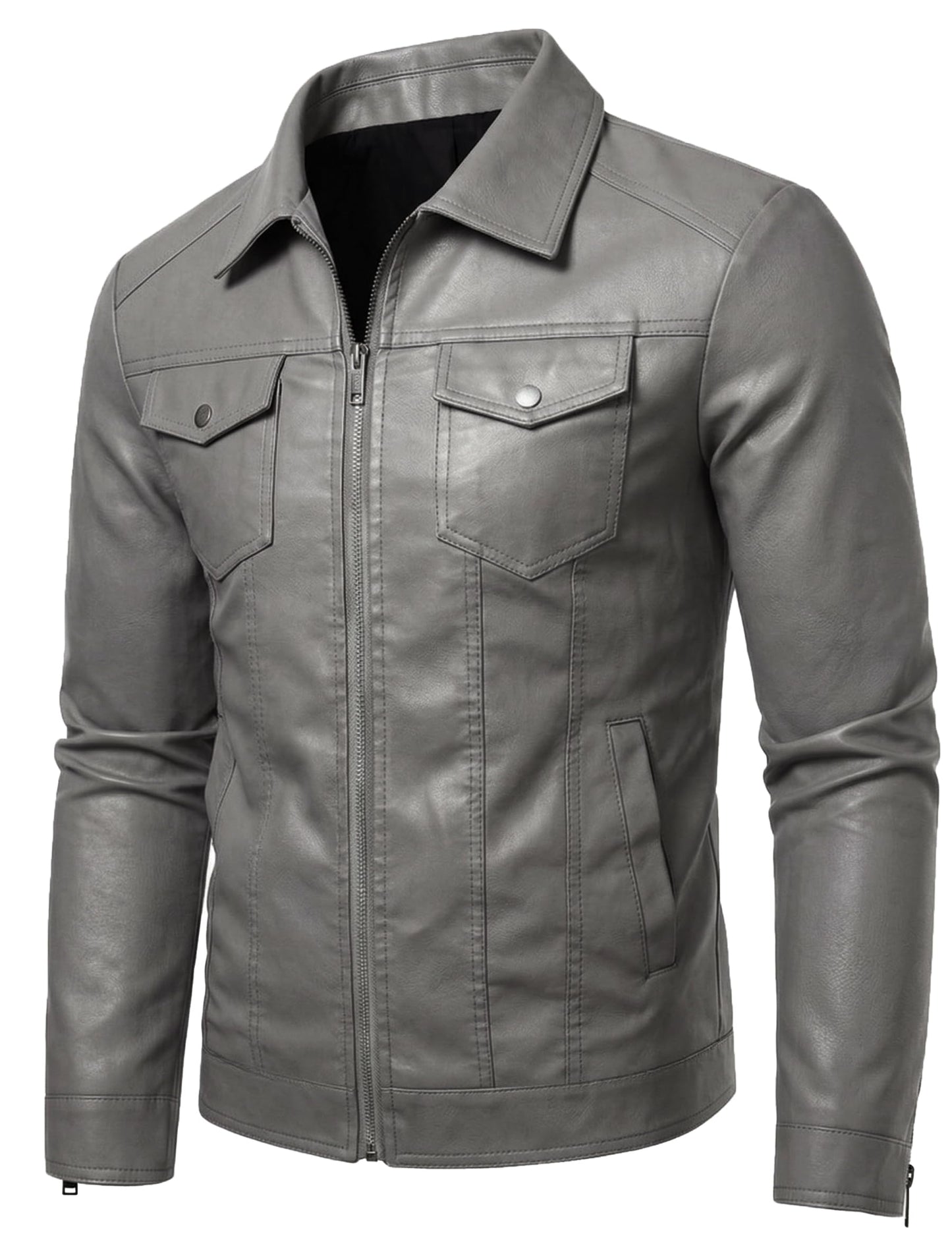 Grey Leather Jackets Men Faux Leather Motorcycle Jacket Biker Coat XXL