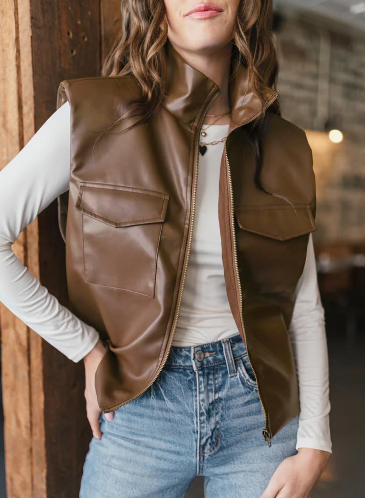 EVALESS Womens Leather Vest Fall Outfits Fashion 2025 Sleeveless Faux Leather Jacket Zip Up Stand Neck Leather Vest Top Solid Casual Clothing Coats Coffee Large