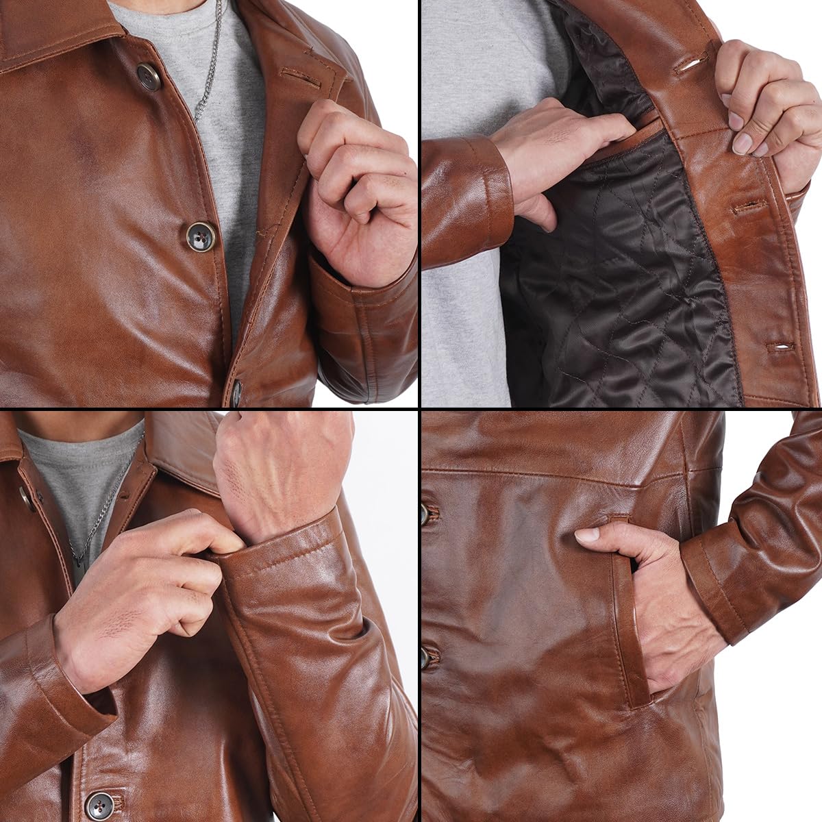 STOREJEES Brown Leather Jacket Men | Car Coat Brown, 5XL