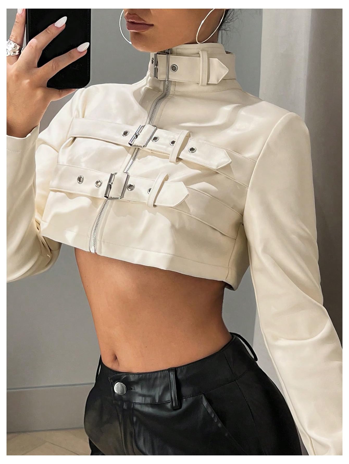 winkbay Women's Zip Up Cropped Motorcycle Jacket Y2k Leather Bomber Jackets Streetwear Beige Medium