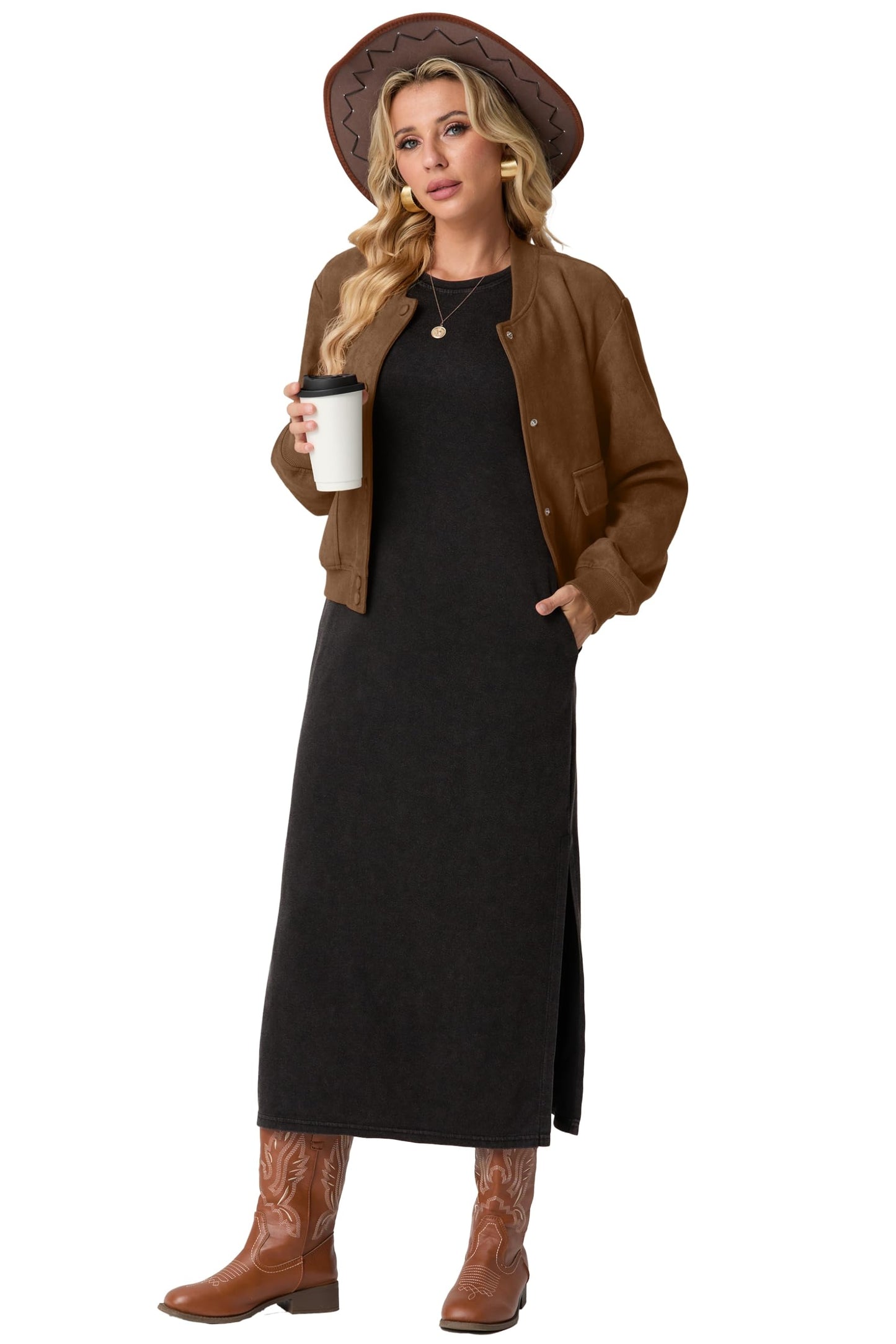 GRECERELLE Womens Bomber Jacket Cropped Button Down Varsity Jacket Long Sleeve Casual Outwear With Pockets (Dark Coffee, Medium)
