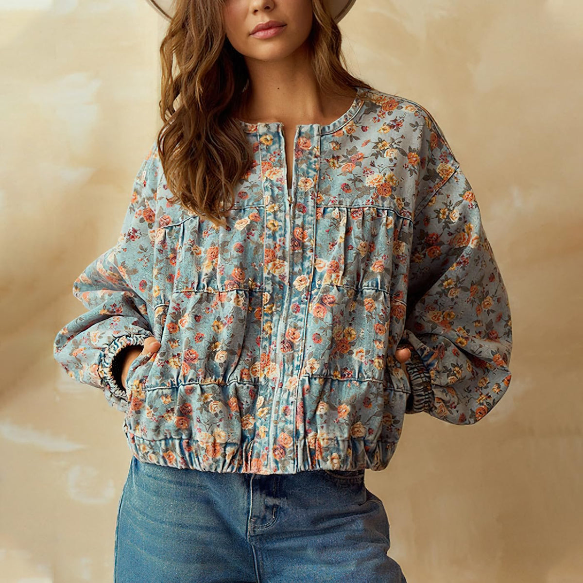 chouyatou Women Spring Fall Oversized Jean Jacket Trendy Lightweight Y2K Floral Denim Bomber Jacket Coat (Medium, Floral Blue)