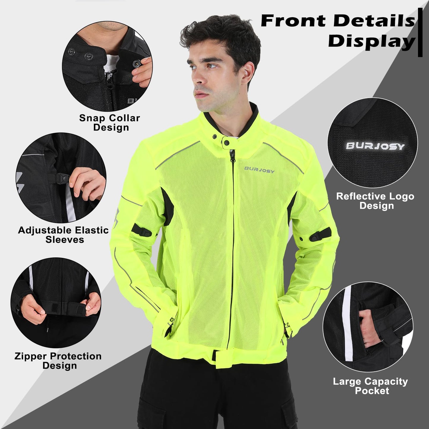 Burjosy Mesh Motorcycle Jacket for Men, Summer Motorbike Biker Jacket, Reflective Lightweight Breathable Riding Jacket Protective Gear Armored