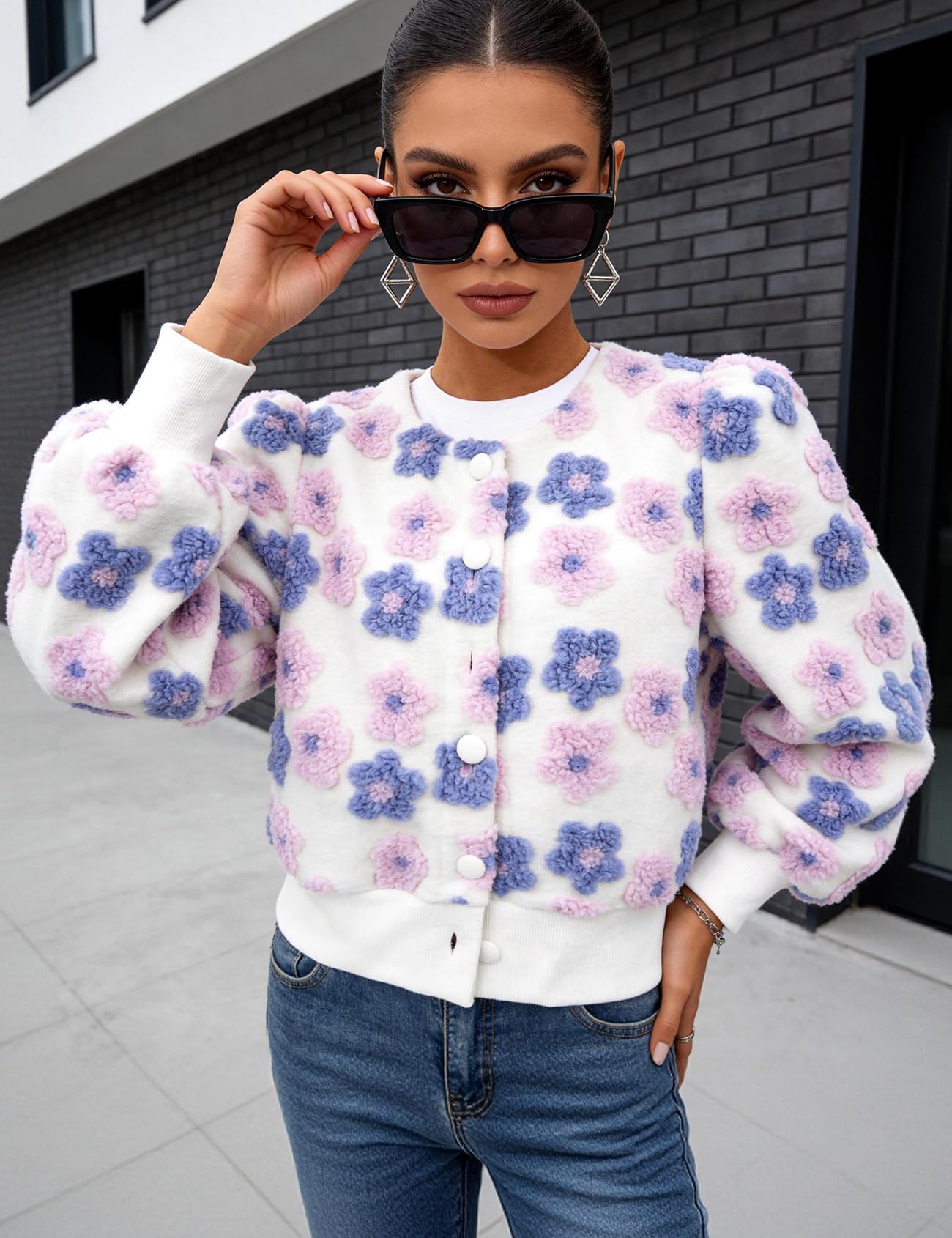 Flygo Women's Cropped Floral Print Bomber Jacket Warm Fleece Varsity Jacket Casual Button Down Puff Sleeve Coat Outerwear PurplePink-XL