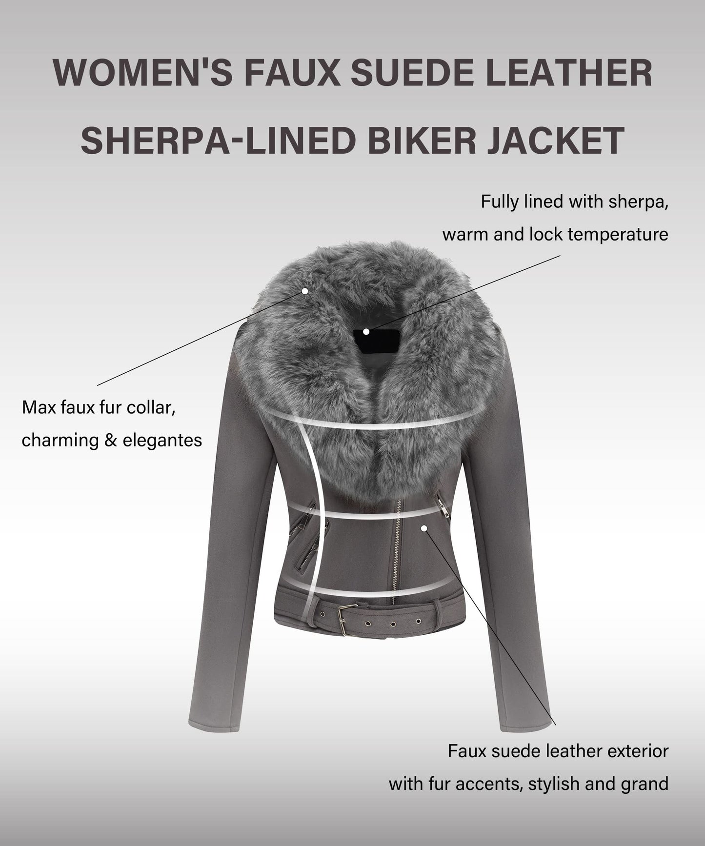 Bellivera Women Faux Suede Jacket Moto Biker Sherpa-Lined Coat Gray XL