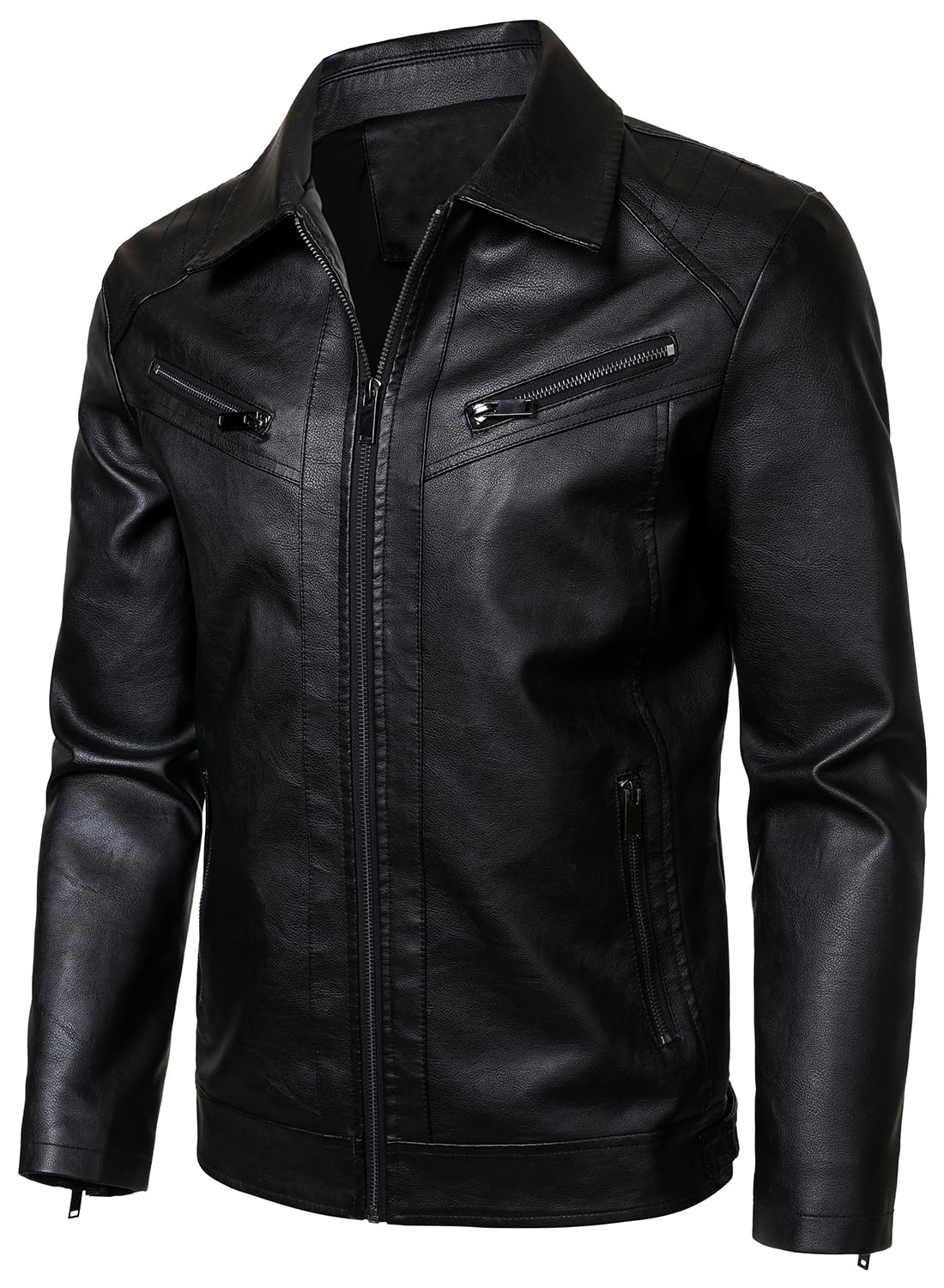 HOOD CREW Mens PU Leather Jacket Classic Style Turn Down Collar Faux Leather Biker Jackets Black M