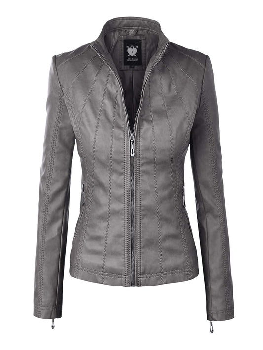 Lock and Love LL WJC877 Womens Panelled Faux Leather Moto Jacket XL GREY
