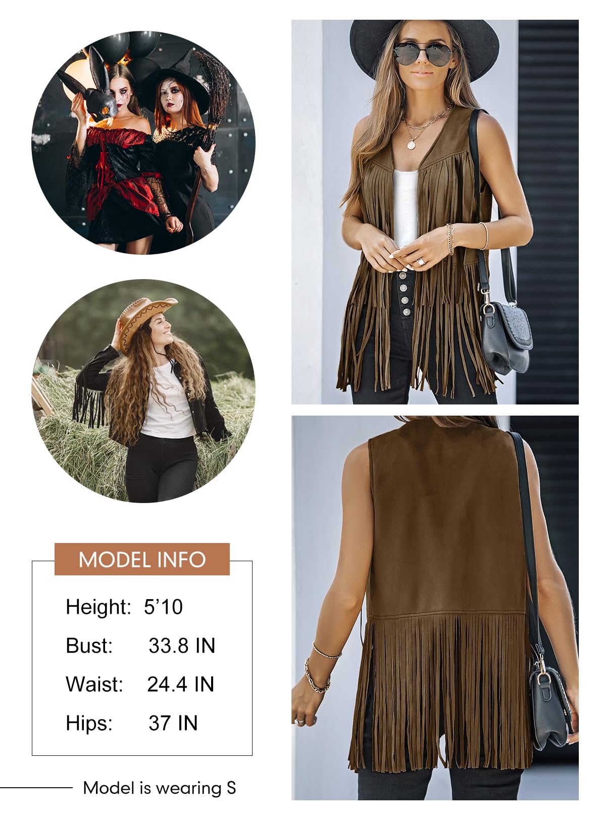 Dokotoo Womens Spring Summer Clothes 70s Hippie Cowgirl Outfits Western Fringe Vest Faux Leather Tassel Jacket Cardigan Party Ladies Outwear Vests Tops Vacation Holiday 2026 Trendy Brown Large