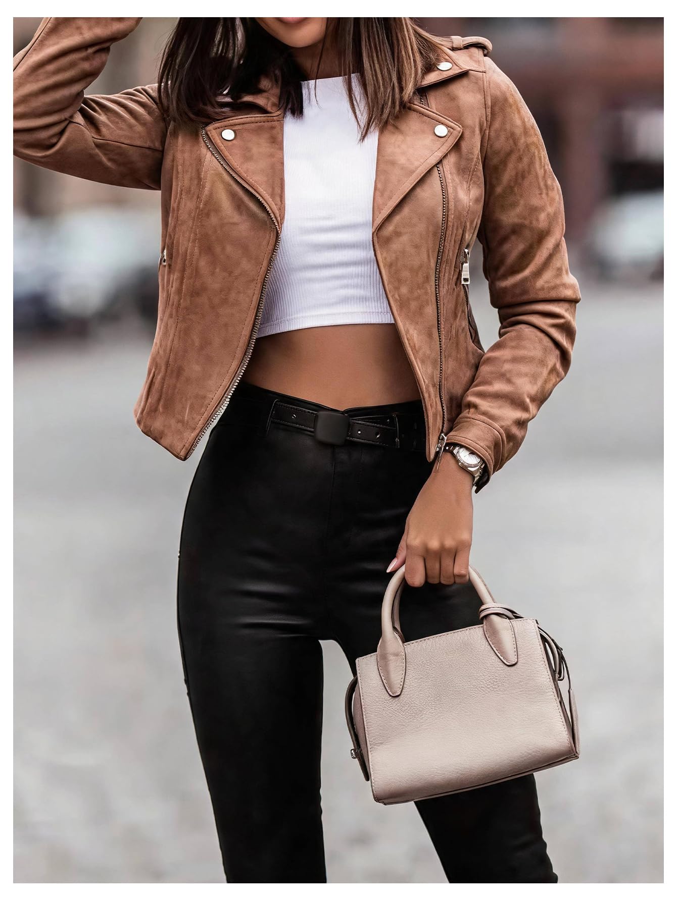 winkbay Women's Faux Suede Motorcycle Jacket Vintage Zip Up Lapel Collar Casual Biker Bomber Jackets Outerwear Brown Medium