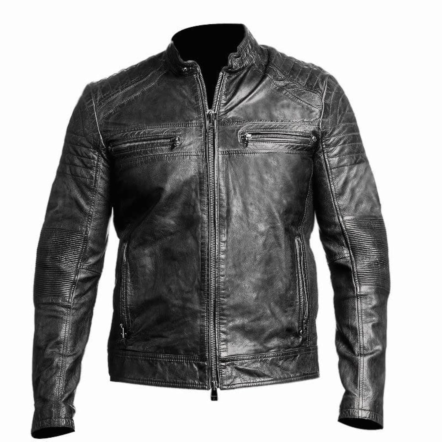 DECIMAL Men's Black & BROWN Genuine Lambskin Leather Biker Jacket VINTAGE REAL MOTORCYCLE JACKETS FOR MEN (M, DIST BLACK)