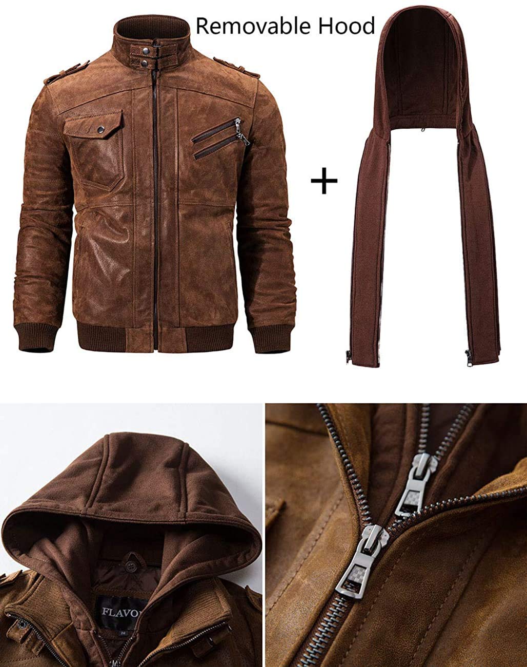FLAVOR Men Brown Leather Motorcycle Jacket with Removable Hood. (X-Large (US standard), Brown)