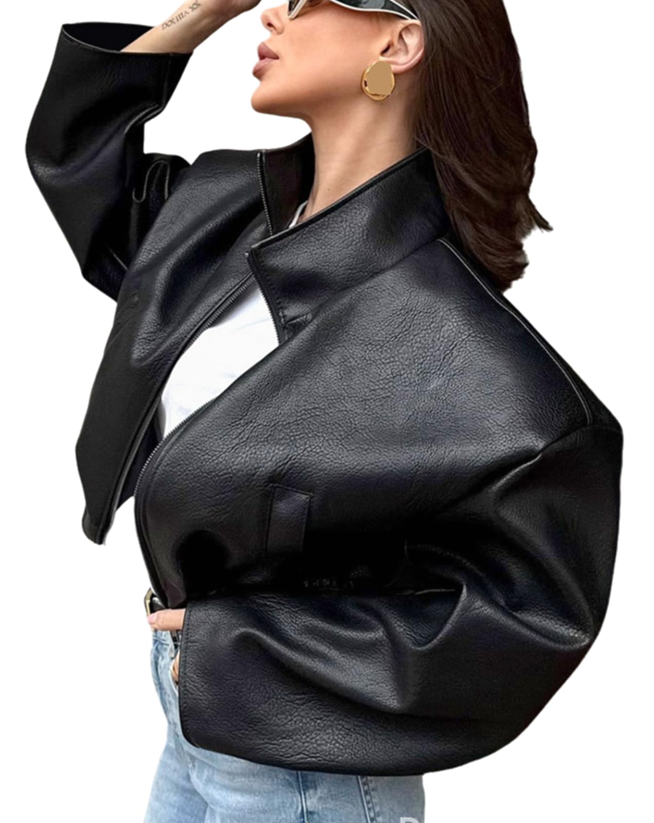 RISCUYY Oversized Leather Jacket for Women Faux Leather Stand Collar Motorcycle Going Out Long Sleeve Bomber Jacket Women