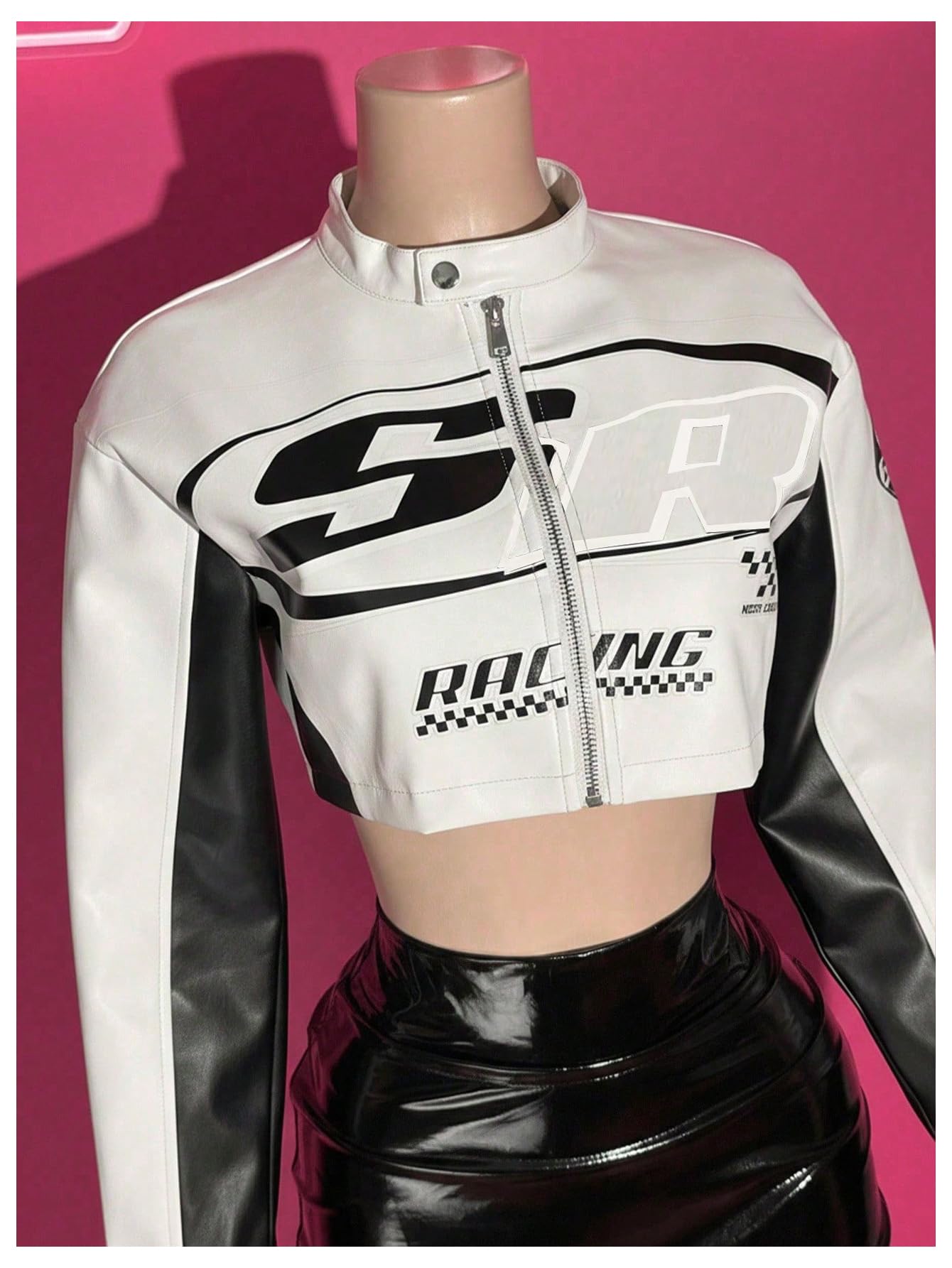 GORGLITTER Women's PU Leather Cropped Jacket F1 Racer Varsity Jacket Zip Up Color Block Graphic Motorcycle Biker Coats White Large